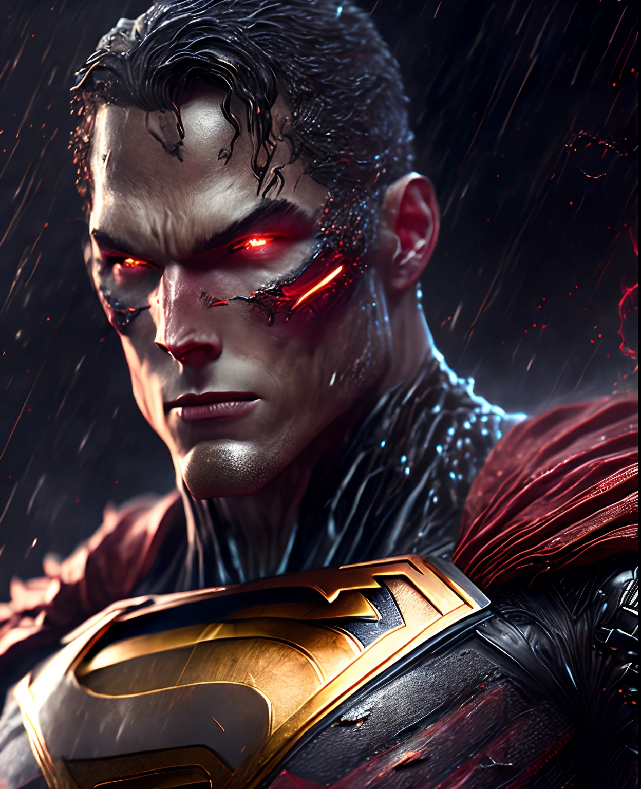 Close-up (Cyborg Superman from DC in Viking style: 1.3) emerging from wet black mud, extremely detailed, smoke, sparks, metal shavings, flying debris, volumetric light