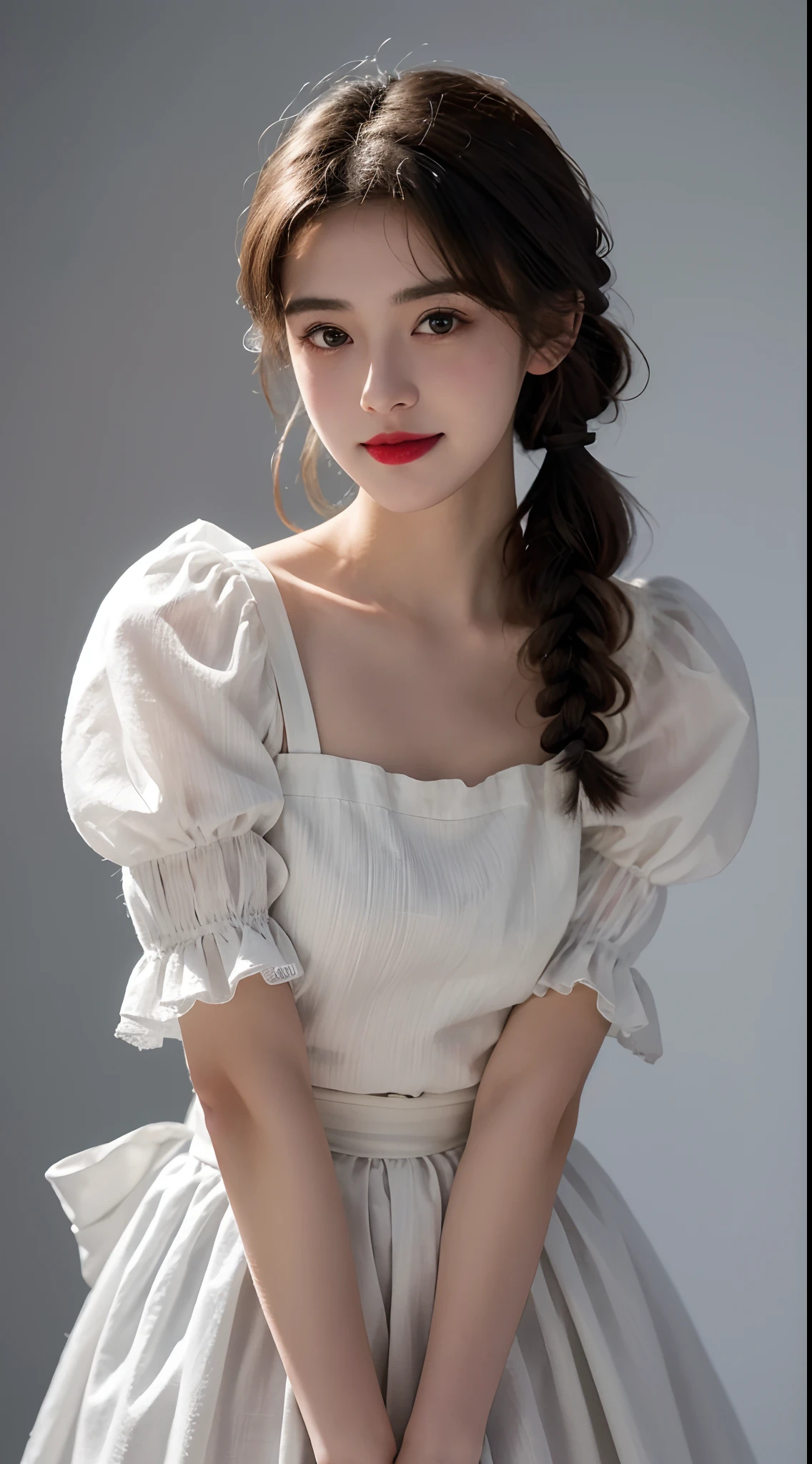 Top quality, Masterpiece, hyper HD, (Photorealistic: 1.4), RAW photo, 1 girl, ssmile，Redlip，English maid, Crumpled maid Katyusha, pony tails, Braided hair, Ruffle blouse, Ribbon Ties, aprons, Long skirt, Puff sleeves, White silk socks, Glowing skin, Victorian, No gray background, court