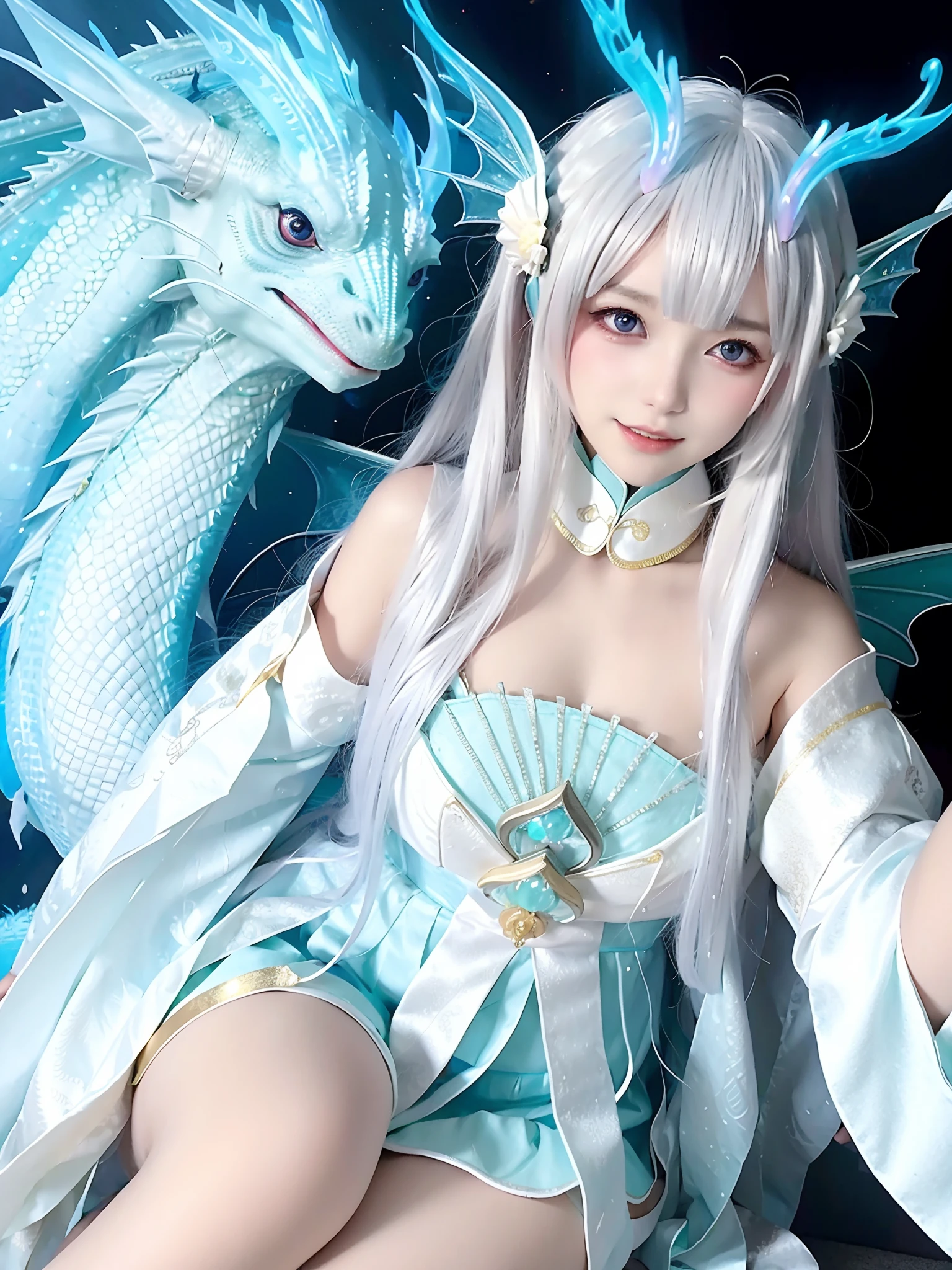 An image in anime style, a woman in a blue dress and a dragon headgear, a dragon, a white-haired god, a full body fairy, dragon girl portrait,