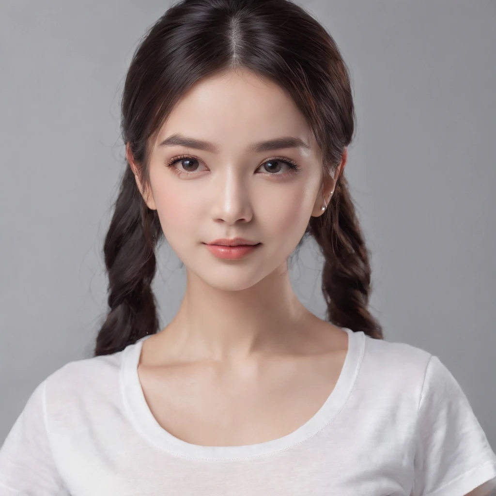 (photo: 1.3) af (realism: 1.4), (((white T-shirt))), (black hair, twin tails), super high resolution, (realism: 1.4), 1 girl, female avatar, Soft light, short hair, facial focus, cheerful, young, confident, ((gray background)), (((monochrome background))), high definition, details, slightly looking up, perfect picture, movie quality, ultra high definition, female avatar , beautiful girl, young and pretty, delicate face, elegant and luxurious