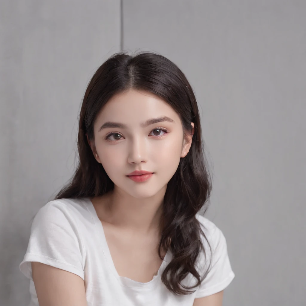 (photo: 1.3) af (realism: 1.4), (((white T-shirt))), (black hair, twin tails), super high resolution, (realism: 1.4), 1 girl, female avatar, Soft light, short hair, facial focus, cheerful, young, confident, ((gray background)), (((monochrome background))), high definition, details, slightly looking up, perfect picture, movie quality, ultra high definition, female avatar , beautiful girl, young and pretty, delicate face, elegant and luxurious