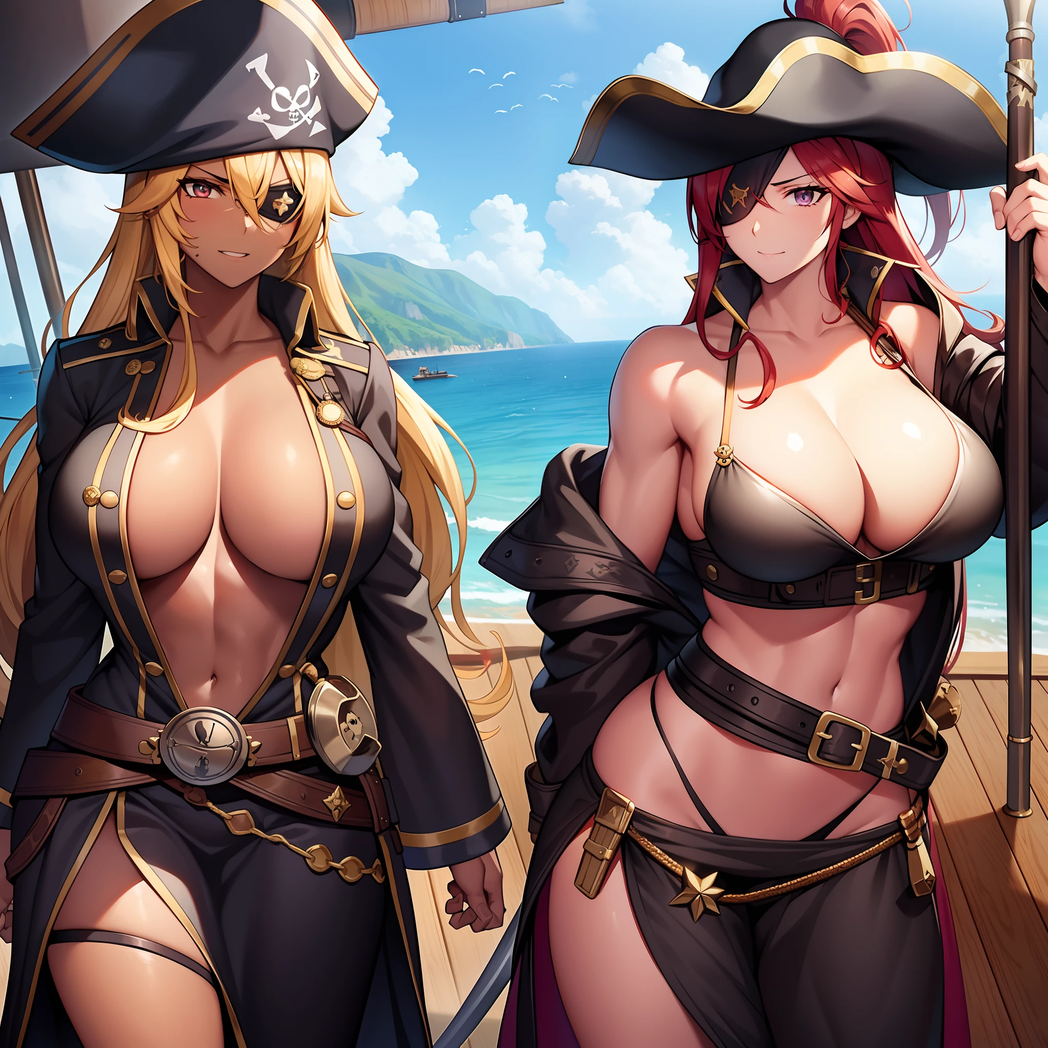 ​masterpiece++、top-quality++、ultra-definition++、ultra-definition++、4k++、8k++、from side、（Background Focus）++、Sexy-dressed woman traveling on the deck of a huge pirate ship destroying a city Carrying a pirate hat and black eyepatch and pirate figure brown-skinned and muscular big breasts female pirates chanting spells、Traveling on the deck of a giant pirate ship, the rune of a group of brown-skinned, muscular female pirates with a pirate hat, black eyepatch, and pirate appearance、The magic of a group of muskets and sabers traveling on the deck of a giant pirate ship with a pirate hat, black eyepatch and pirate appearance brown skin and muscular female pirates、Traveling on the deck of a giant pirate ship flying above a group of brown-skinned, muscular female pirates with pirate hats, black eyepatches, and pirates、Traveling on the deck of a giant pirate ship with a musket and saber and a pirate hat, black eyepatch and pirate appearance brown skin and muscular big breasts female pirate group magician、Goddess of the group of big breasts female pirates traveling on the deck of a huge pirate ship with a pirate hat, black eyepatch and pirate appearance brown skin and muscular with a musket and saber、detailed fantasy art、fantasy art style、Blake Brown skin and muscular female pirate troupe witch with pirate hat and black eyepatch and pirate figure traveling on the deck of a beautiful ancient giant pirate ship、Queen of the Colossal Female Pirate Troupe with a pirate hat, black eyepatch and pirate appearance brown skin and muscular traveling on the deck of a giant pirate ship、Fantasy Art Behans、Traveling on the deck of a giant pirate ship with a musket and saber and a pirate hat, black eyepatch and pirate appearance brown skin and muscular big breasts female pirate group magician、Traveling on the deck of a beautiful giant pirate ship with a musket and saber and a pirate figure brown skin and muscular big breasts female pirate troupe sorcerer、Fragments of a mussel hat and black e