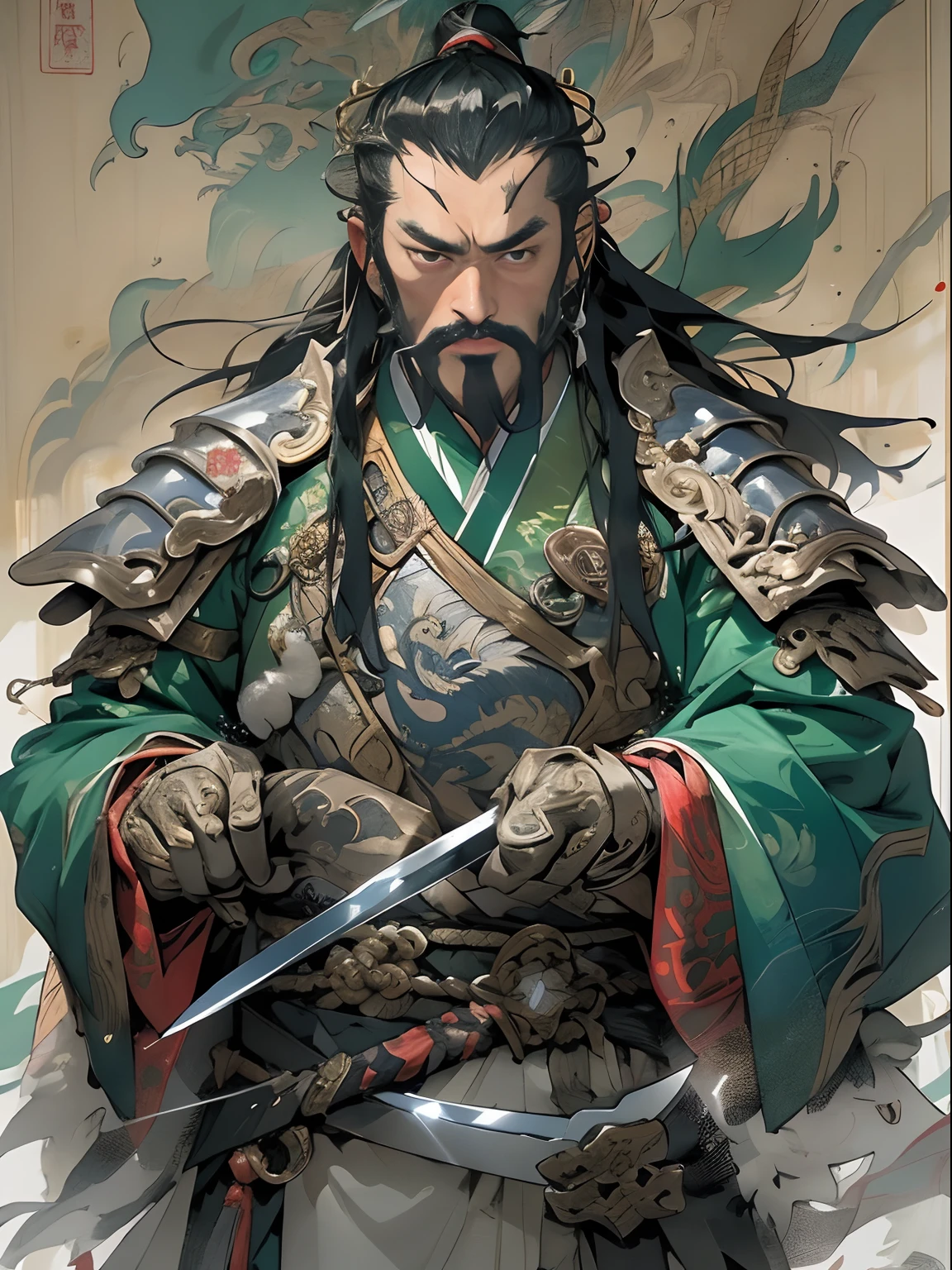 (((China-style,Ink painting method,Half-length portrait,Intense color,Han dynasty, China,Hanfu,Armor,Guan yu,Guan Yunchang,of a guy,Ruddy killing square face,Hold the Blue Dragon Moon Knife in his right hand,Stroke your beard with your left hand,Long hair,petty eyes,Green robe))), (((best qualityer))), (((tmasterpiece))), (((AS-Adult))), ((( Japanese ))), Look up from your knees, Handsome Asian samurai,perfect body figure, Modern samurai, ((( Asian))), Wear gloves on your hands,The left arm is made of steel and metal tips,Made of protective devices, The eyes are pulled, (( Appears below the chest )), (( Small dental floss )), Simon Bisley, Almost naked(Simon Bisley)Castle City Wilderness,For high-resolution posters, hair straight, Minimum clothing, armure (Crazy clothes ), Full of tips and rivets, tribal tattoos, (((full bodyesbian))), Straight brunette hair,Colored hair ends