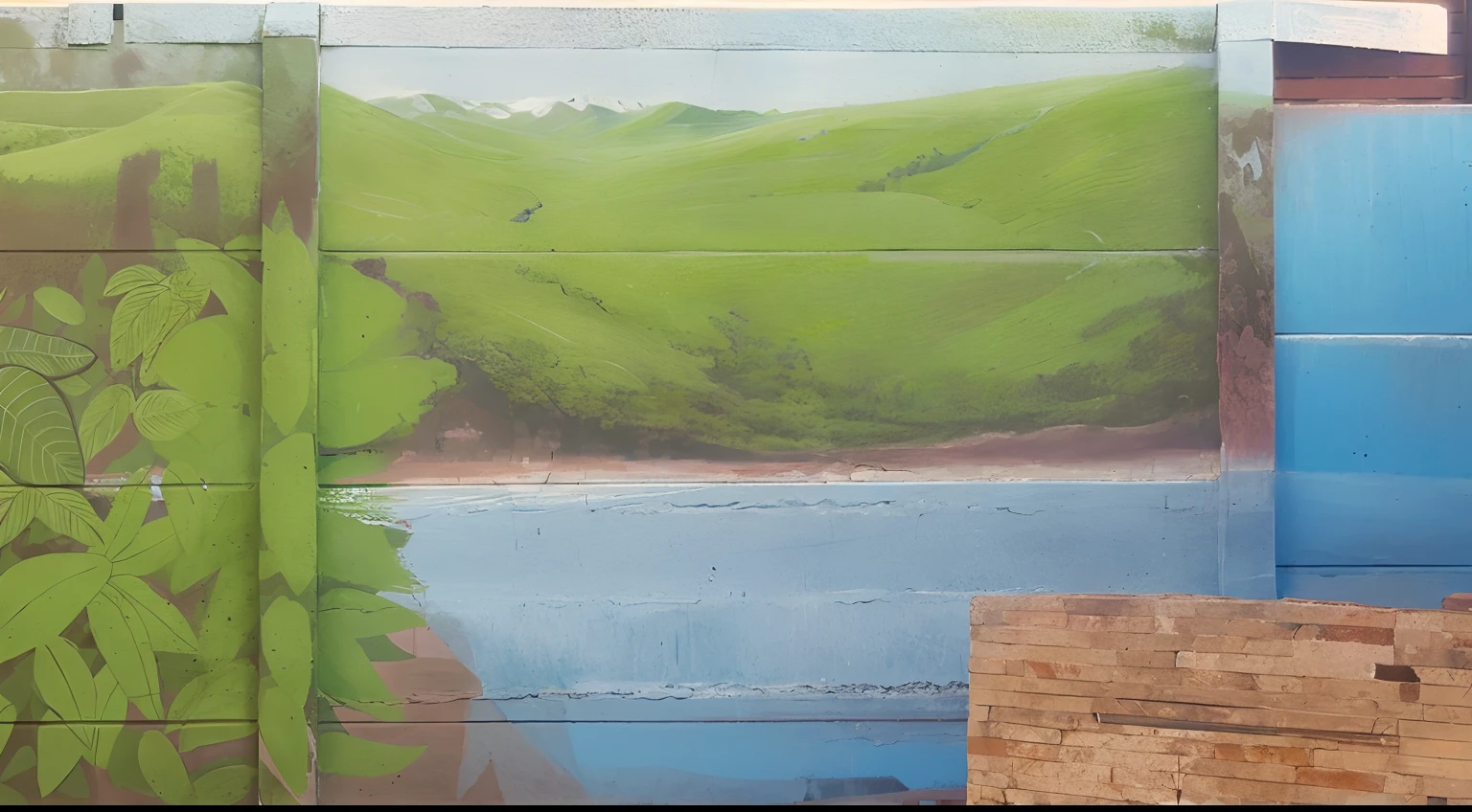 Green mountain and a blue lake on a wall, Mural ultradetallado, Pintura de paisaje, Detailed panoramic view, Lago detallado en el fondo, painting of a dreamscape, paisaje pintado, Pintura de paisaje, Detalle 4K,
