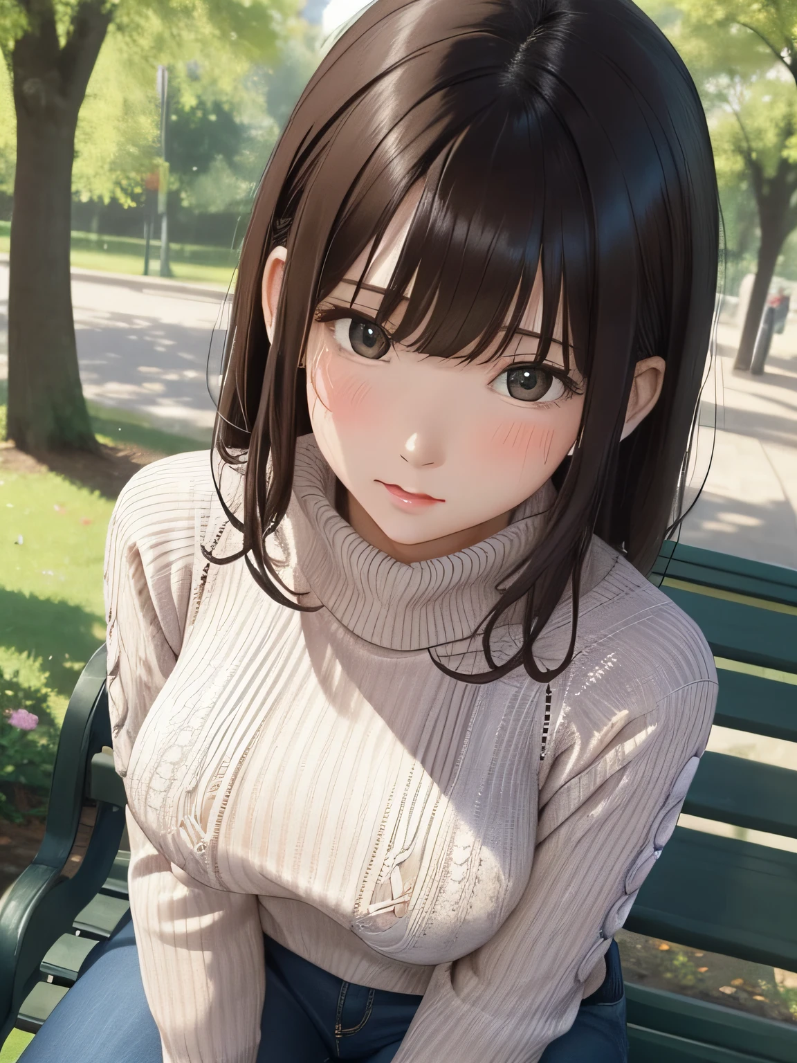 (masterpiece), (best quality), (ultra detailed), 1girl, sexy pose, blush, ((lift up casual sweater:1.2)), happy, looking at viewer, large hair, brown hair, in the park with trees,bench, shy ,sitting on ground, ((solo)) ,worry, blush, naughty,from below,slim body,(shiny skin, wet skin:0.8), sweating, rainy,side, from front, from above,long wet hear,