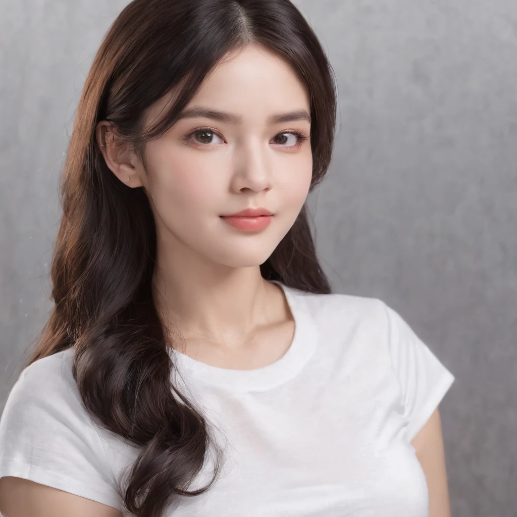 (photo: 1.3) af (realism: 1.4), (((white T-shirt))), (black hair, twin tails), super high resolution, (realism: 1.4), 1 girl, female avatar, Soft light, short hair, facial focus, cheerful, young, confident, ((gray background)), (((monochrome background))), high definition, details, slightly looking up, perfect picture, movie quality, ultra high definition, female avatar , beautiful girl, young and pretty, delicate face, elegant and luxurious