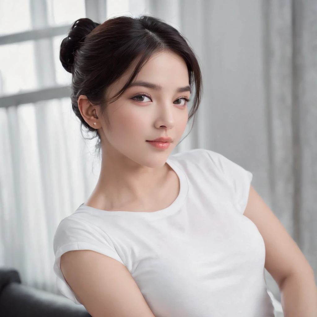 (photo: 1.3) af (realism: 1.4), (((white T-shirt))), (black hair, twin tails), super high resolution, (realism: 1.4), 1 girl, female avatar, Soft light, short hair, facial focus, cheerful, young, confident, ((gray background)), (((monochrome background))), high definition, details, slightly looking up, perfect picture, movie quality, ultra high definition, female avatar , beautiful girl, young and pretty, delicate face, elegant and luxurious