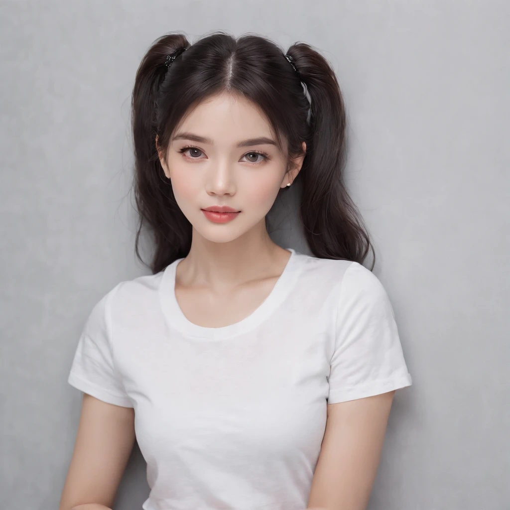 (photo: 1.3) af (realism: 1.4), (((white T-shirt))), (black hair, twin tails), super high resolution, (realism: 1.4), 1 girl, female avatar, Soft light, short hair, facial focus, cheerful, young, confident, ((gray background)), (((monochrome background))), high definition, details, slightly looking up, perfect picture, movie quality, ultra high definition, female avatar , beautiful girl, young and pretty, delicate face, elegant and luxurious