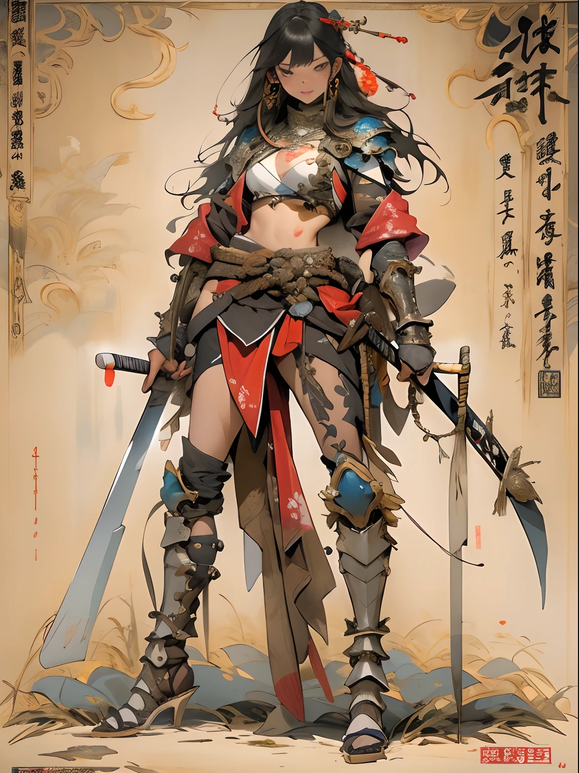(((woman))), (((best qualityer))), (((tmasterpiece))), (((AS-Adult))), ((( Japanese ))), Look up from your knees, A beautiful asian samurai woman with perfect body, Modern samurai, ((( Asian))), Wear gloves on your hands,The left arm is made of steel and metal tips,Made of protective devices, The eyes are pulled, (( Appears below the breast )), (( Small dental floss )), Simon Bisley, Almost naked(Simon Bisley)Castle City Wilderness,For high-resolution posters, hair straight, Minimum clothing, armure (Crazy clothes ), Full of tips and rivets, tribal tattoos, (((full bodyesbian))), Straight brunette hair,Colored hair ends