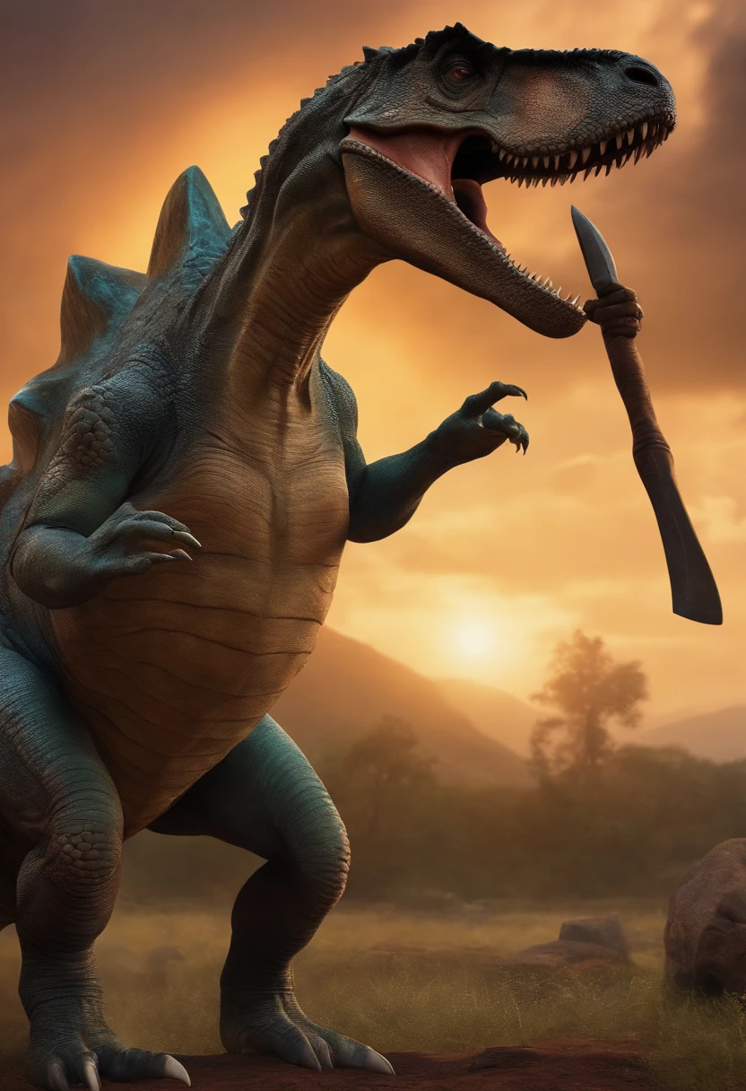 A dinosaur with a half-human female body shows her and parts machines and holding a medieval axe in one hand