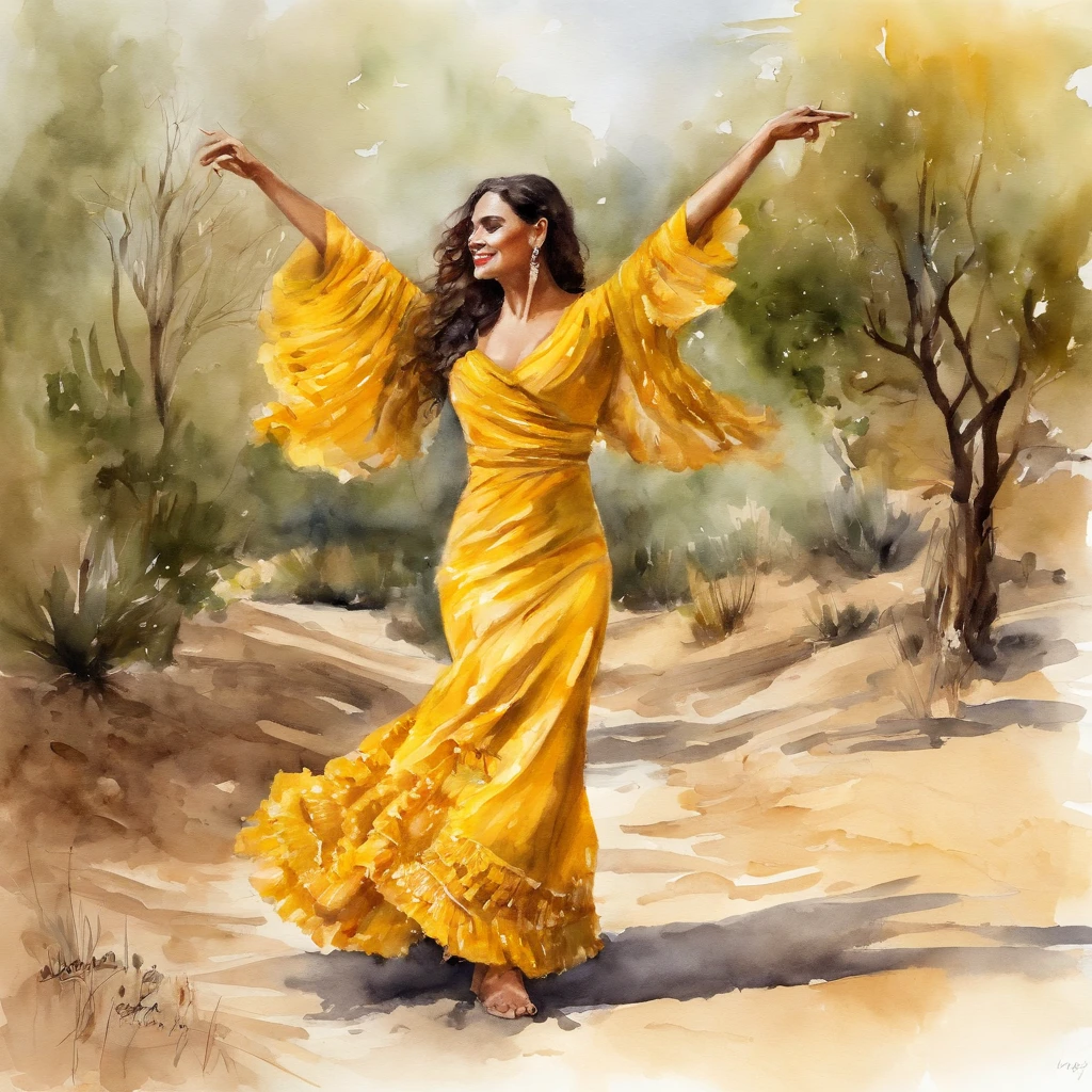 Spanish woman in yellow gypsy clothes dancing flamenco beautiful landscapes, grande profundidade de campo, Arte Digital, obra prima, Qualidade UHD". RPG