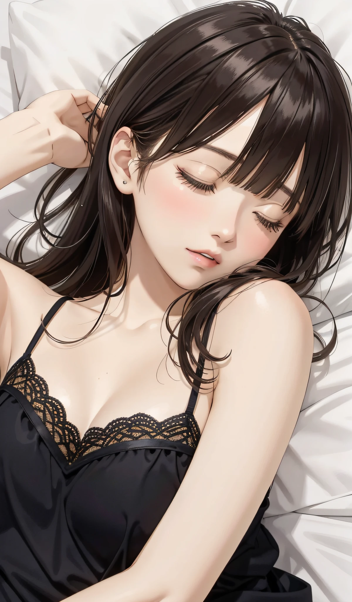 Sleeping girl, 28 years old, realistic,she is wearing camisole, brown hair.