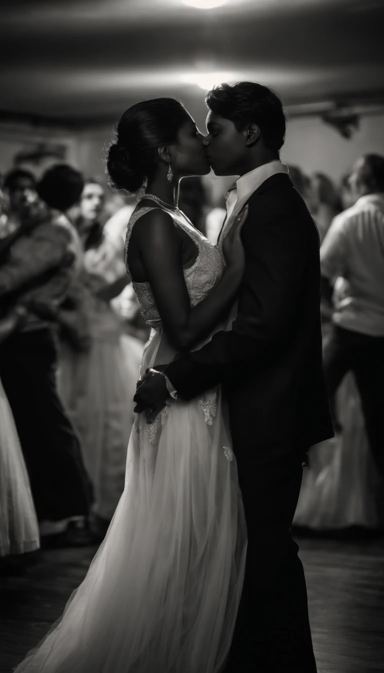 A photograph capturing Two cute, dark skinned, hot, 15 year old Bangladeshi girls kissing at a school dance, their affection becoming uncontrollable as they have removed every piece of clothing except for their g-string underwear, while teachers look upon them with disapproval. Their natural breasts fully exposed as they are now topless. Cinematic lighting softly illuminates their forbidden kiss and their hands on each others small breasts. Reference Dorcel Club photography style. 8k. HDR. Intricate detail, highly detailed texture. Photorealistic