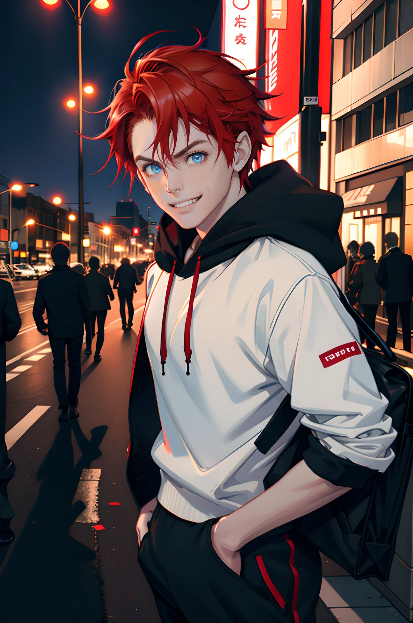 (tmasterpiece, high resolution, ultra - detailed:1.0), (1 boy, Young male, Handsome face), Perfect male body, Delicate eyes and delicate face, Extremely detailed CG, Unity 8k wallpaper, Complicated details, Detailed face, (Red hair, short messy hair, blue eyes looking to camera, wide grinning face with sharp canines, smug, red hoodie, black baggy pants), (Street style:1.2), Outdoor, (Street at night), color difference, Depth of field, dramatic shadow, Ray tracing, Best quality, Cinematic lighting, offcial art,Portrait