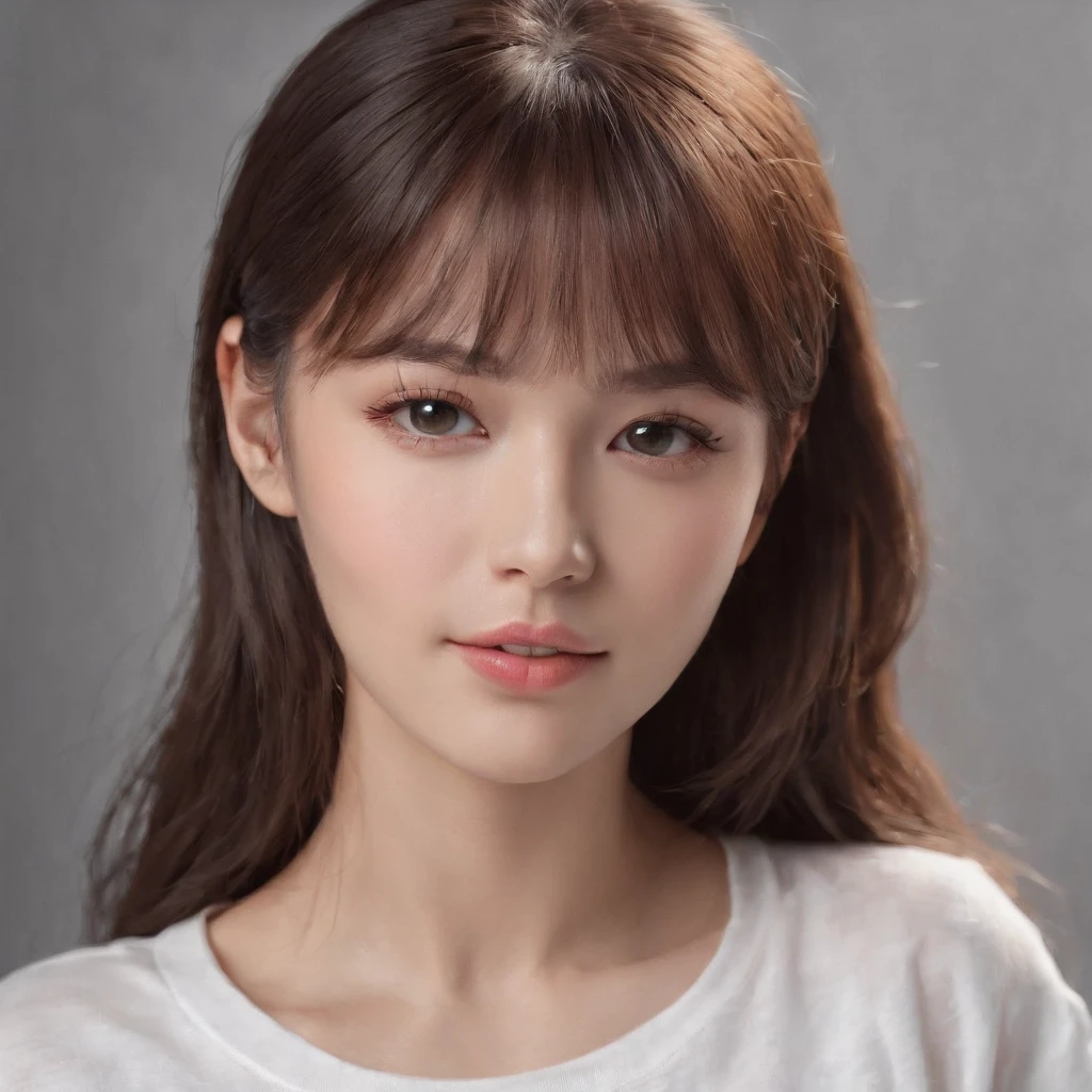 (Photo: 1.3) af (realism: 1.4), ((white T-shirt)), (flat bangs, straight bangs, long hair, straight hair,), super high resolution, (realism: 1.4), 1 girl, female avatar, soft light, short hair, facial focus, cheerful, young, confident, ((gray background)), (((monochrome background))), high definition, details, slightly looking up, perfect picture, movie quality , ultra high definition, female avatar, beautiful girl, young and pretty, delicate face, elegant and luxurious