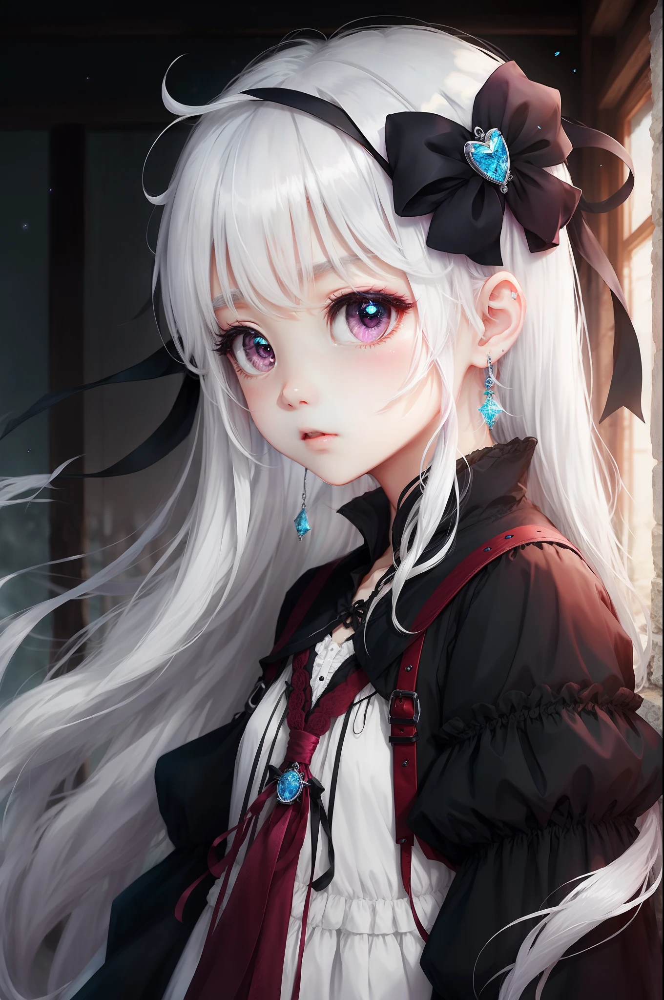white  hair、Black eye、Hanging、Long、straight haired、cute little、animesque、Princess、obedient、angelicales