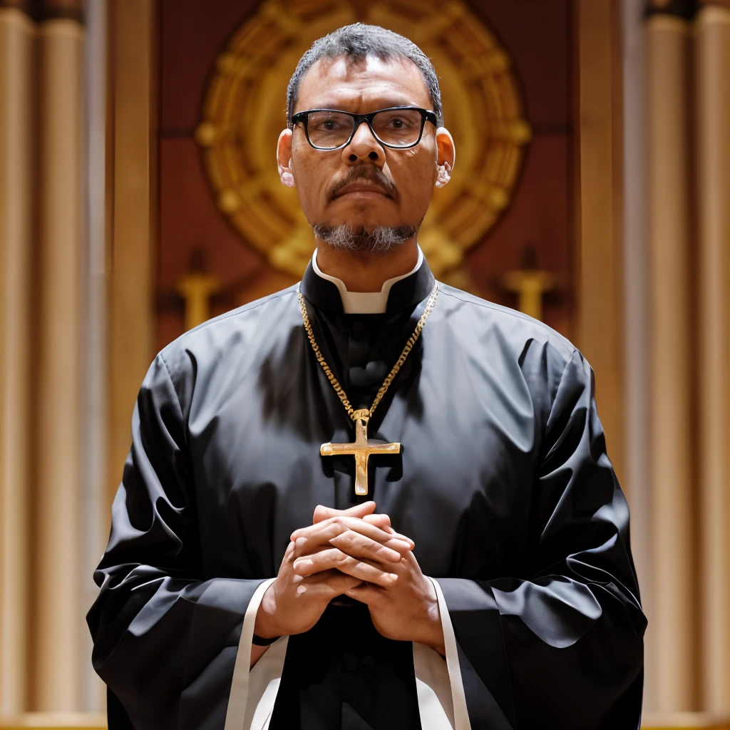 guttonerdvision10, "A priest in black attire with a white collar, hands in prayer, wearing a gold crucifix outside his cassock, against a bokeh background."