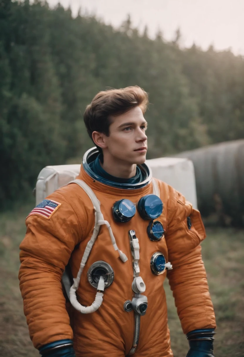 Portra 400 high dpi film scan,A young man, astronaut Fashion Editorial for an astronaut, the firmament, analog fashion portrait,medium shot