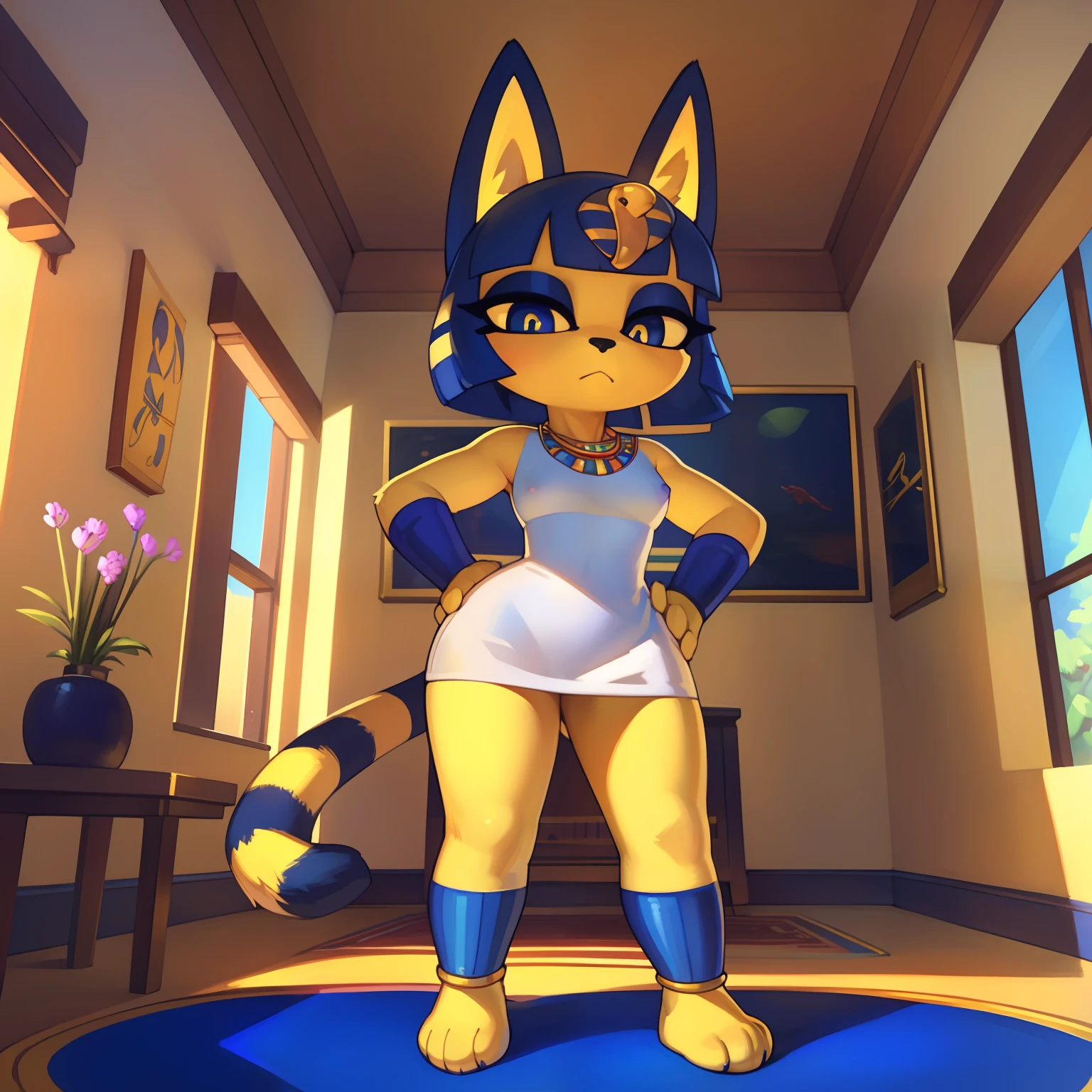 [ankha; Animal Crossing], [Uploaded to e621.net; (Pixelsketcher), (wamudraws)], ((masterpiece)), ((solo portrait)), (below POV)), ((furry; anthro)), ((detailed fur)), ((detailed shading)), ((beautiful render art)), {anthro; (yellow fur, black nose), cute indigo eyes, (indigo eyeshadow), (egyptian eye make-up), cat ears, frown, (expressionless), cat tail, (beautiful legs), (beautiful feet)}, {(short white dress), small boobs, (colorful necklace), (detailed snake headwear), (blue bracers), (blue leg bracers)}, {(standing over viewer), (hand on hip), (pigeon-toed)}, [background; (living room), (yellow walls), (blue floor), (window), (sun rays)]