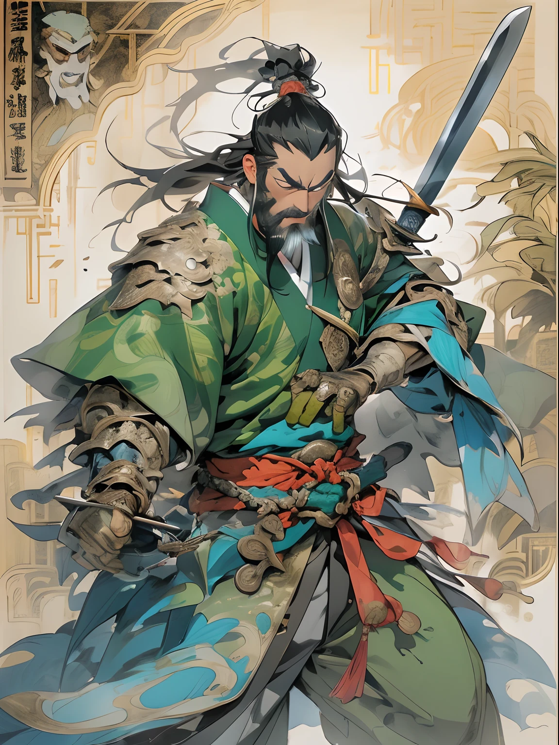 (((China-style,Ink painting method,Half-length portrait,Intense color,Han dynasty, China,Hanfu,Armor,Guan yu,Guan Yunchang,of a guy,Ruddy killing square face,Hold the Blue Dragon Moon Knife in his right hand,Stroke your beard with your left hand,Long hair,petty eyes,Green robe))), (((best qualityer))), (((tmasterpiece))), (((AS-Adult))), ((( Japanese ))), Look up from your knees, Handsome Asian samurai,perfect body figure, Modern samurai, ((( Asian))), Wear gloves on your hands,The left arm is made of steel and metal tips,Made of protective devices, The eyes are pulled, (( Appears below the chest )), (( Small dental floss )), Simon Bisley, Almost naked(Simon Bisley)Castle City Wilderness,For high-resolution posters, hair straight, Minimum clothing, armure (Crazy clothes ), Full of tips and rivets, tribal tattoos, (((full bodyesbian))), Straight brunette hair,Colored hair ends