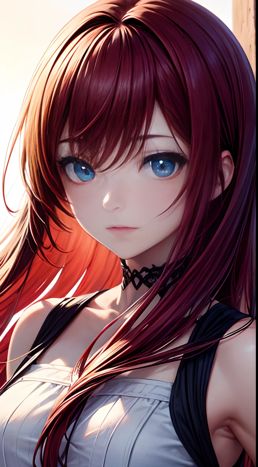 "An anime girl with blue eyes and long red hair. The artwork should have the best quality, high resolution, and vibrant colors. It should be in the style of a portrait, with soft lighting illuminating the scene, front espectator"