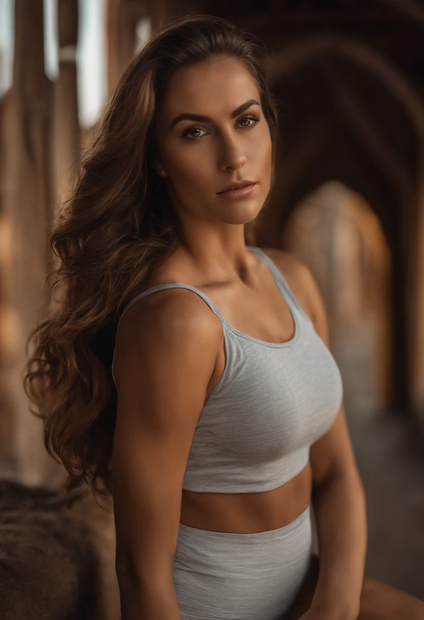 mulher loira, 23 anos, Peitos grandes, senhora fitness, shorts apertados com top branco, hyper realistic, sem desfoque de fundo, alta qualidade, olhos azuis