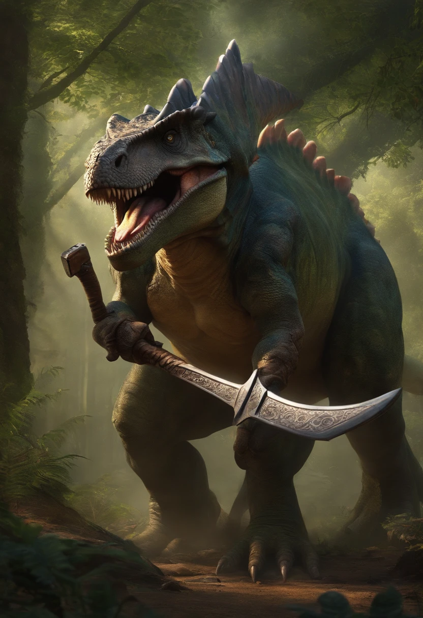 A dinosaur with a half-human body shows her and parts machine and holding a medieval axe in one hand