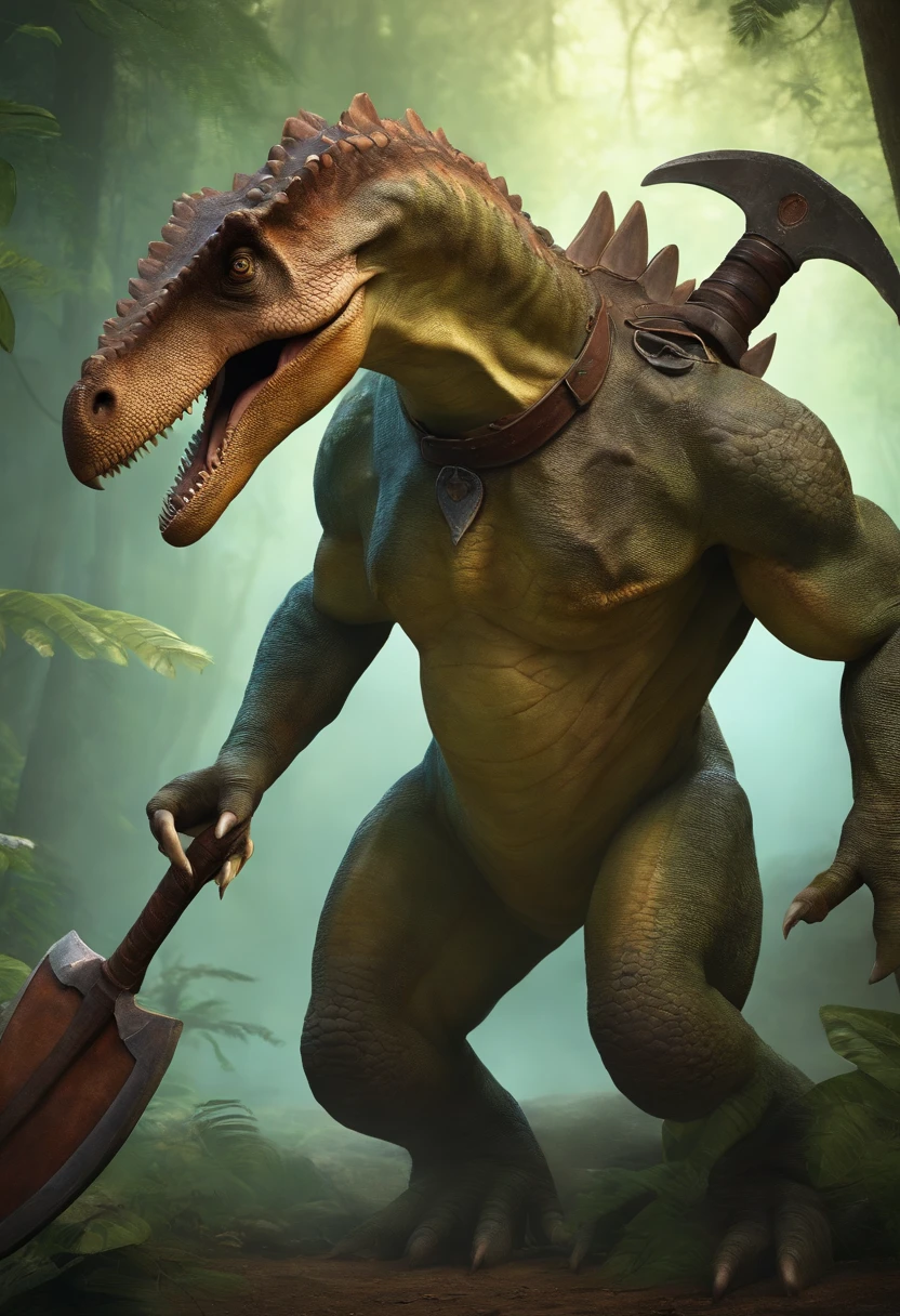 A dinosaur with a half-human body shows her and parts machine and holding a medieval axe in one hand