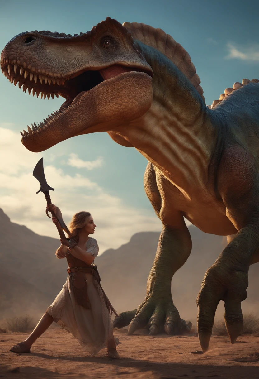 8k high-definition hyper-realistic dinosaur with a blond naked cavewoman riding its back with a spear