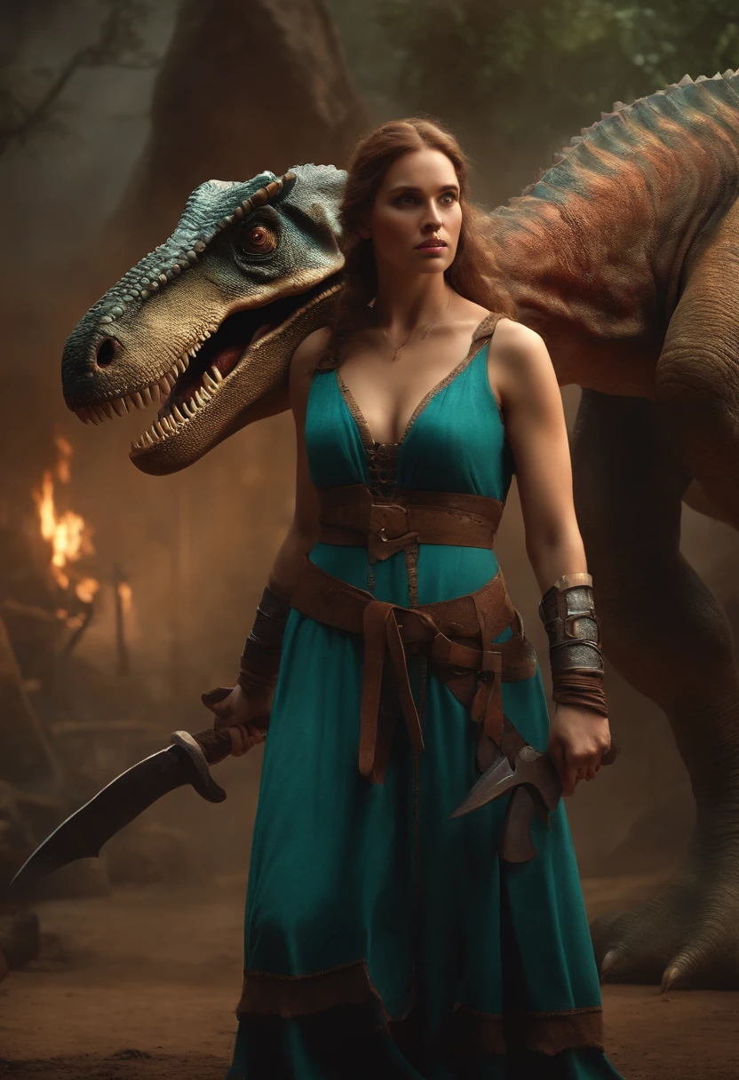A dinosaur with a half-human body shows her and parts machine and holding a medieval axe in one hand