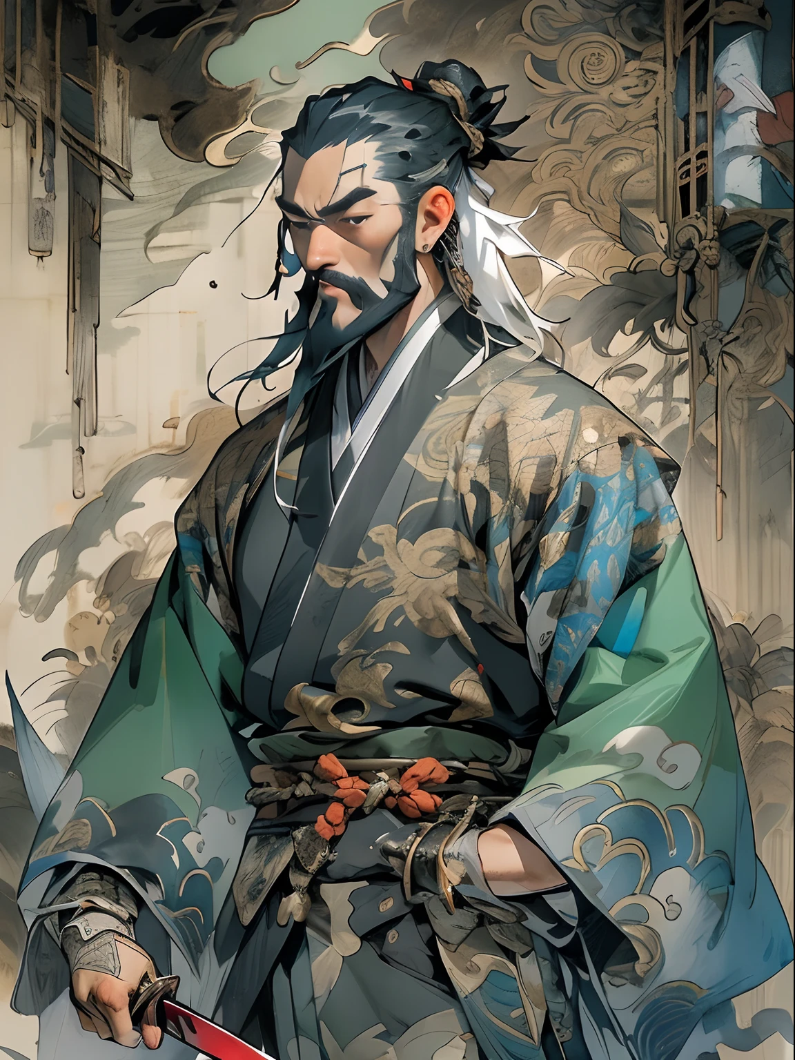 (((China-style,Ink painting method,Half-length portrait,Intense color,Han dynasty, China,Hanfu,Armor,Guan yu,Guan Yunchang,of a guy,Ruddy killing square face,Hold the Blue Dragon Moon Knife in his right hand,Stroke your beard with your left hand,Long hair,petty eyes,Green robe))), (((best qualityer))), (((tmasterpiece))), (((AS-Adult))), ((( Japanese ))), Look up from your knees, Handsome Asian samurai,perfect body figure, Modern samurai, ((( Asian))), Wear gloves on your hands,The left arm is made of steel and metal tips,Made of protective devices, The eyes are pulled, (( Appears below the chest )), (( Small dental floss )), Simon Bisley, Almost naked(Simon Bisley)Castle City Wilderness,For high-resolution posters, hair straight, Minimum clothing, armure (Crazy clothes ), Full of tips and rivets, tribal tattoos, (((full bodyesbian))), Straight brunette hair,Colored hair ends