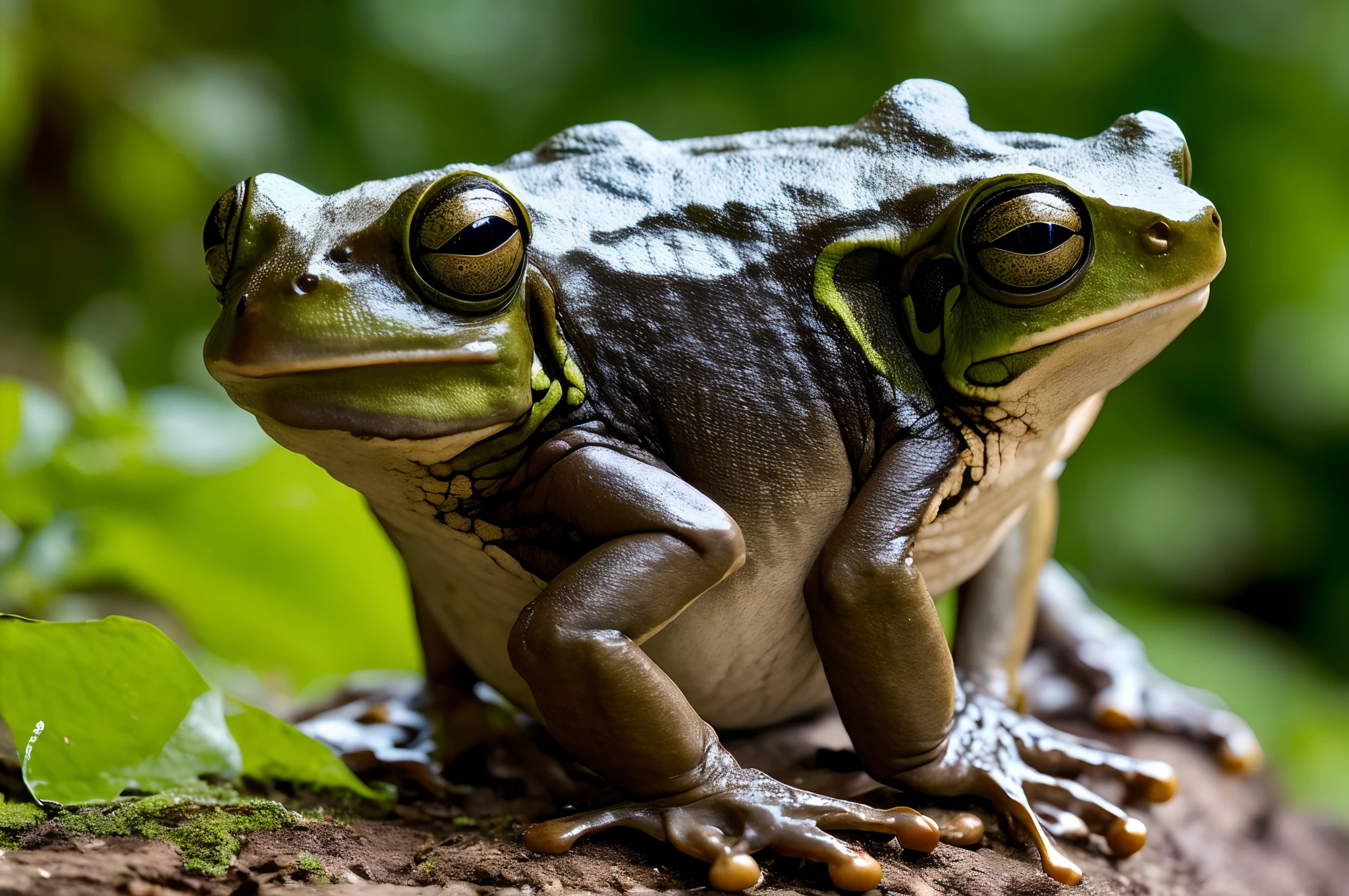 A giant frog appears behind a hill. He's bipedal. Ele usa uma jaqueta branca e vermelha. He also wears silver bracelets and silver greaves. Ele olha para a frente.