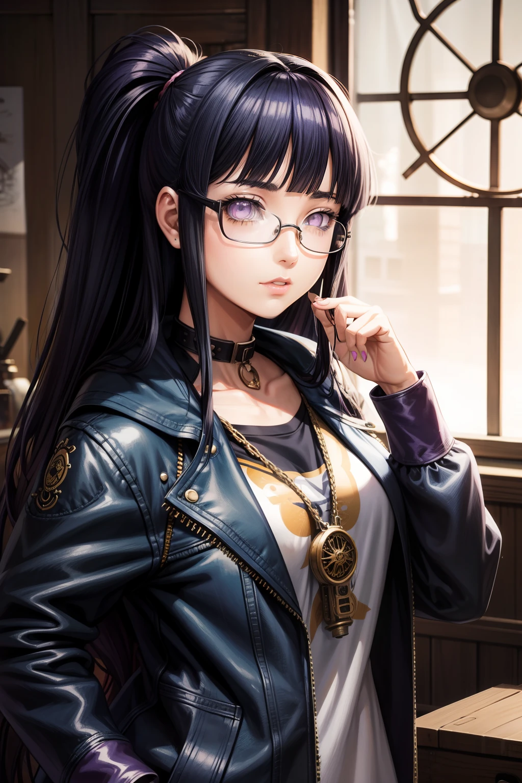 Estilo anime vintage de los 90,Retro.Chica adolescente de anime con vendaje en la nariz con gafas Steampunk con sudadera con capucha ,en una sala de juegos, Science-Fiction. , surrealista, Blunt Bangs, purple eyes, medium wavy dark blue hair, Poco probable.