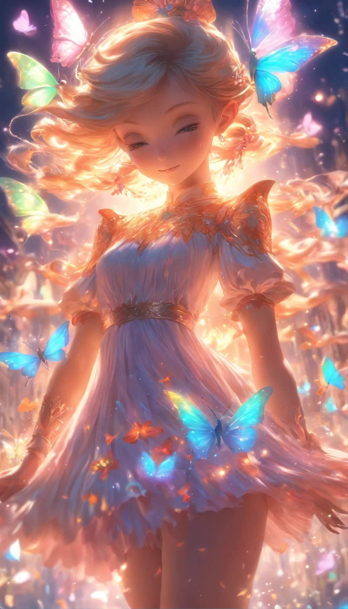 one-girl，(full bodyesbian:1.5)，Elves in flowers，A pair of transparent butterfly wings，Colorful wings，（A skirt composed of petals：1.5），The petals float into the sky，（Petals of various flowers），best qualtiy，tmasterpiece，Photorealsitic，Photorealistic image quality，The dawn effect，Beam light
