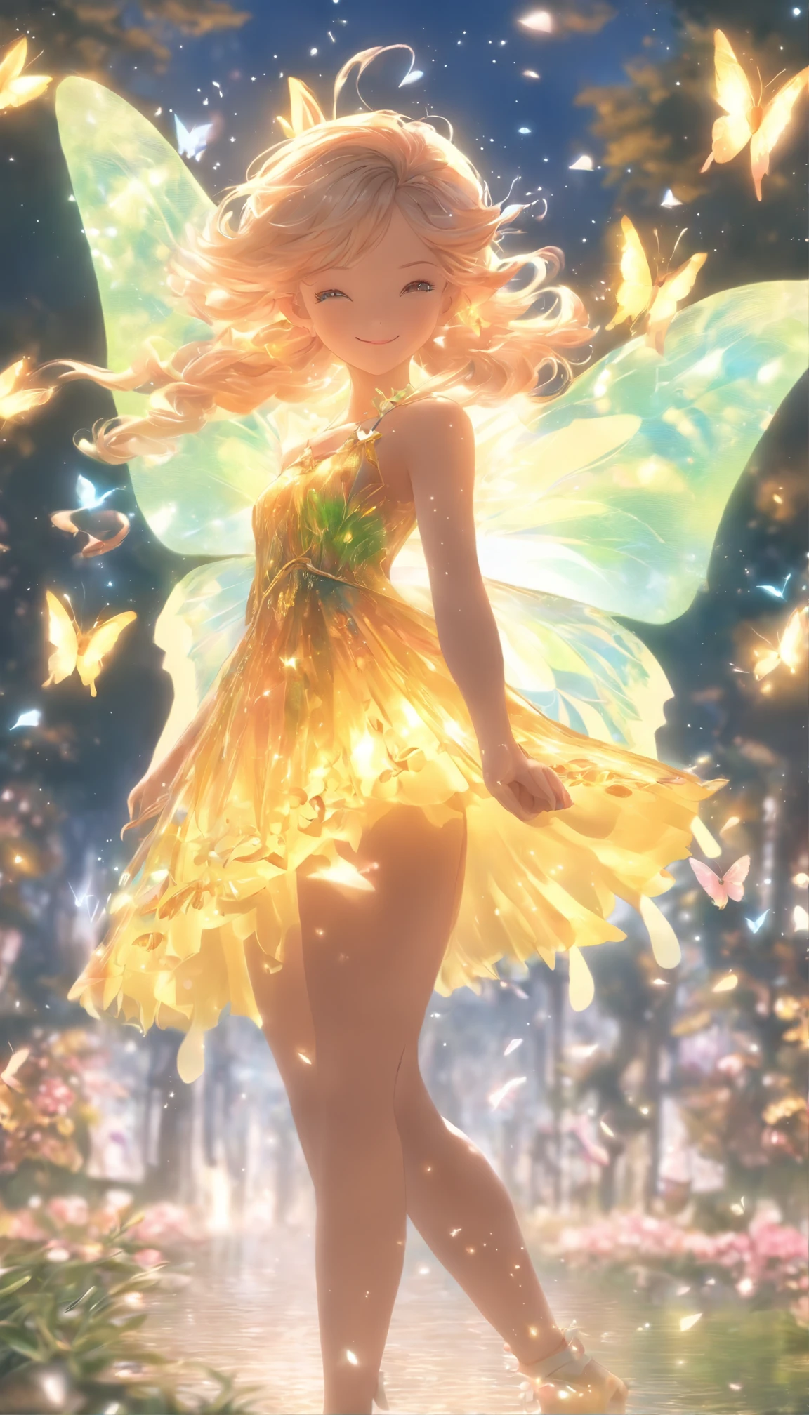 one-girl，(full bodyesbian:1.5)，Elves in flowers，A pair of transparent butterfly wings，Colorful wings，（A skirt composed of petals：1.5），The petals float into the sky，（Petals of various flowers），best qualtiy，tmasterpiece，フォトリアリスティック，Photorealistic image quality，The dawn effect，Beam light
