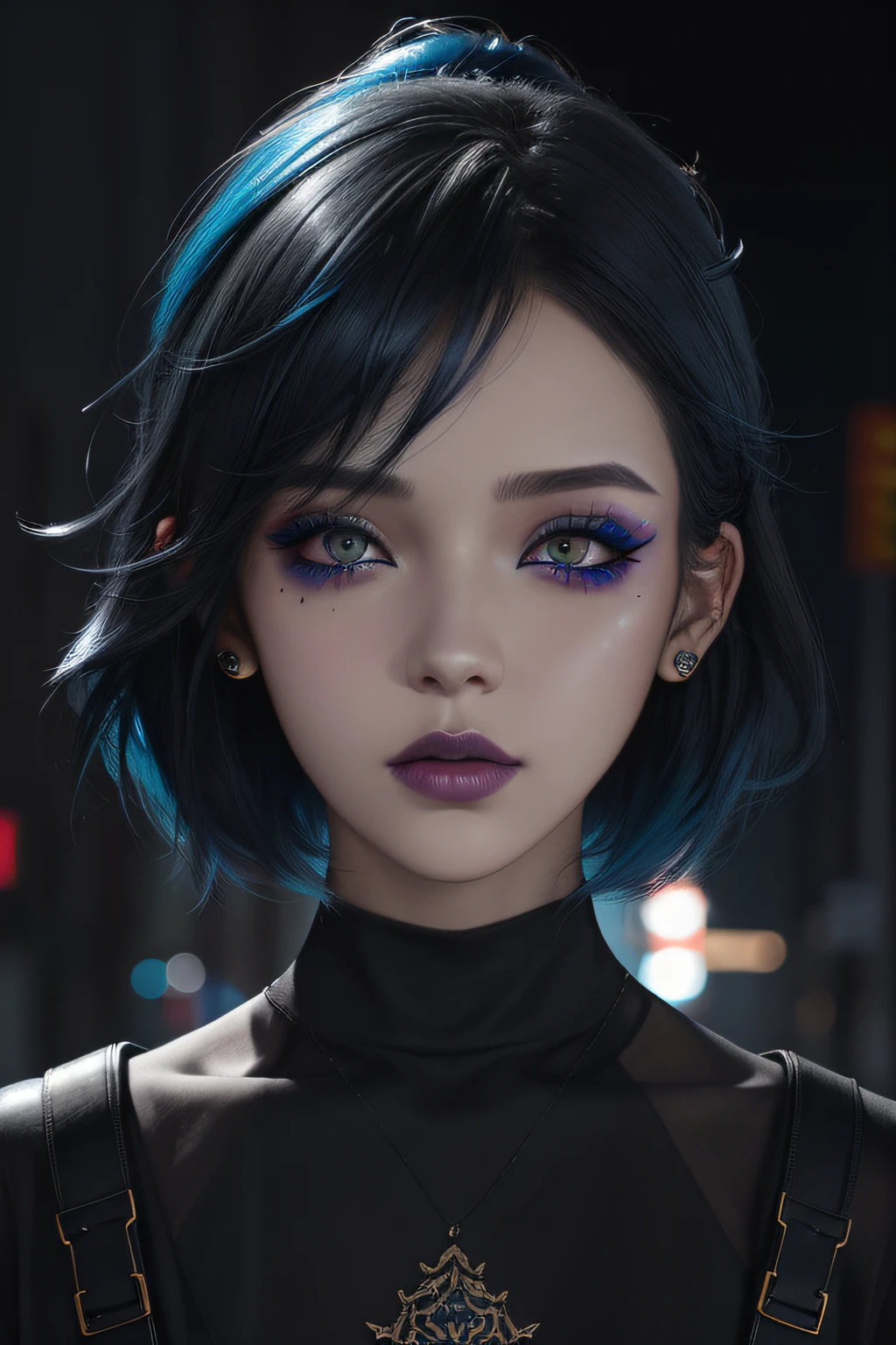 Beautiful girl, half-body portrait, Short bright blue messy hair, black eyeshadows, (street style wear:1.2), (urban backdrop:1.2), dark make-up, Digital art, trending on artstationh, Highly detailed, finedetail, Intricate, beautiful detailed glow, Detailed, Cinematic light, A high resolution, Detailed facial features,Sharp focus, smooth, Aesthetic，