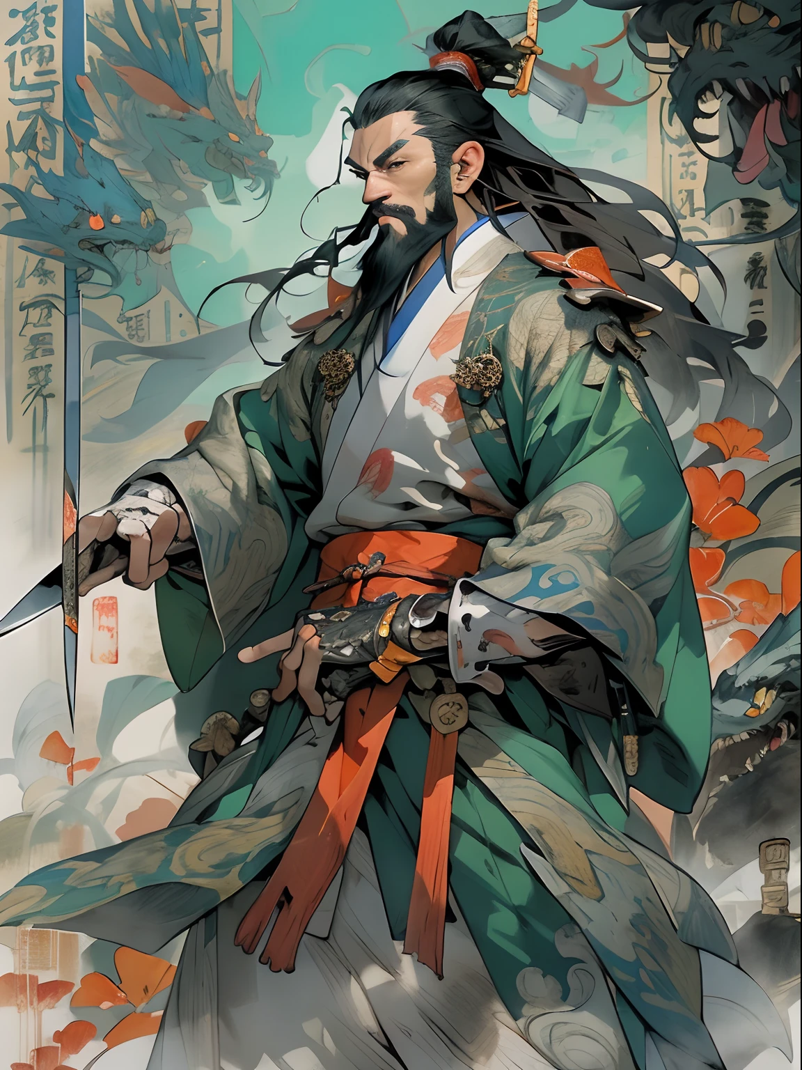 (((China-style，Ink painting method，Half-length portrait，Intense color，Han dynasty, China，Hanfu，Armor，Guan yu，Guan Yunchang，of a guy，Ruddy killing square face，Hold the Blue Dragon Moon Knife in his right hand，Stroke your beard with your left hand，Long hair，petty eyes，Green robe))), (((best qualityer))), (((tmasterpiece))), (((AS-Adult))), ((( Japanese ))), Look up from your knees, Handsome Asian samurai，perfect body figure, Modern samurai, ((( Asian))), Wear gloves on your hands，The left arm is made of steel and metal tips，Made of protective devices, The eyes are pulled, (( Appears below the chest )), (( Small dental floss )), Simon Bisley, Almost naked（Simon Bisley）Castle City Wilderness，For high-resolution posters, hair straight, Minimum clothing, armure (Crazy clothes ), Full of tips and rivets, tribal tattoos, (((full bodyesbian))), Straight brunette hair，Colored hair ends