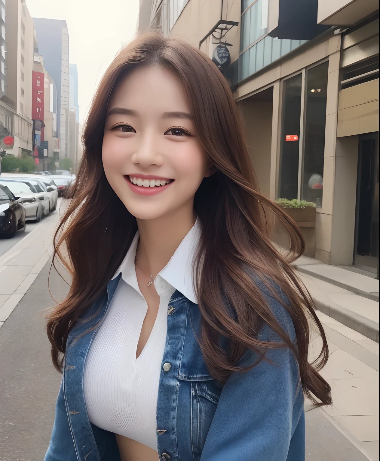 ((top-quality、in 8K、masterpiece:1.3))、1girl in、Beautiful woman with plump abs emphasized:1.3、(The long-haired、Colossal tits:1.2)、In the city、Super delicate face、wholesome、二重まぶた、A smile that showed teeth、Wearing a collared shirt、Looking at the camera、Big smile、Look here、Look at me with your eyes wide open、Cozy feeling、Take a walk around the city、