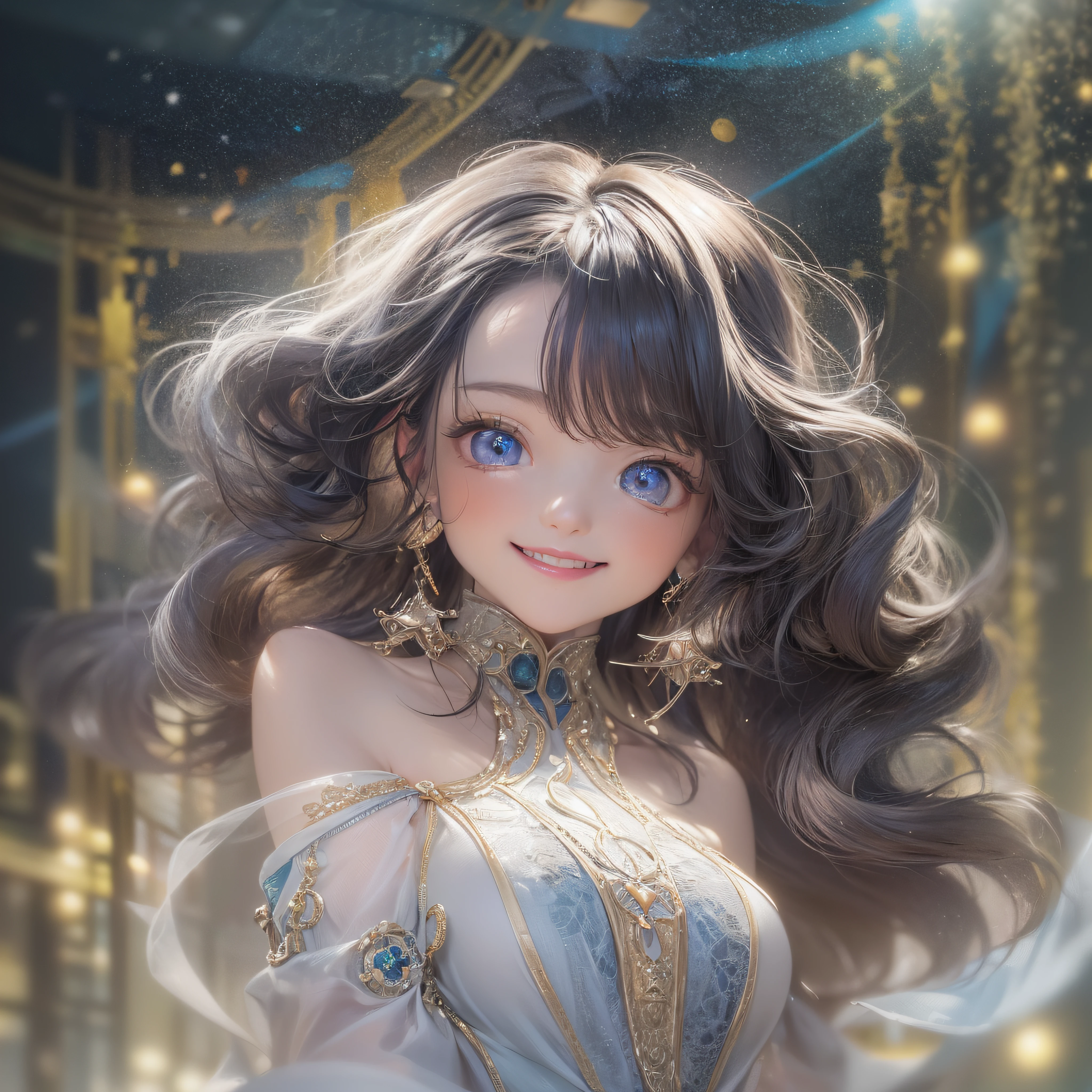 The upper part of the body、off shoulders、(masterpiece、realisitic、hight resolution)、(1 girl in):1.2)、Korean Girl、(Best Quality), (masutepiece), (1girl in), Solo, Beautiful Girl, Perfect face, dreamlikeart、Highly detailed airbrush art(((Surreal))、intricate detailes、Volumetric lighting、(masterpiece:1.2)、(top-quality)、The ultra-detailliert、(The composition of the movement:1.4)、Highly detailed colorful details、(Bright lighting、Atmospheric lighting)、Magical、dynamic compositions、Ray traching、The mirror reflects light、Shallow depth of field、ultra-detailliert、mixing exposure、nffsw、Super masterpiece、Her eyes shine with starlight、Her face is full of anticipation and courage、Her lips are shiny、Smiling and adventurous atmosphere、Starry sky behind、Bring starry light、The starry sky creates a beautiful scenery..。Her courage and determination are condensed.、Eye-catching presence。Her eyes are shining。