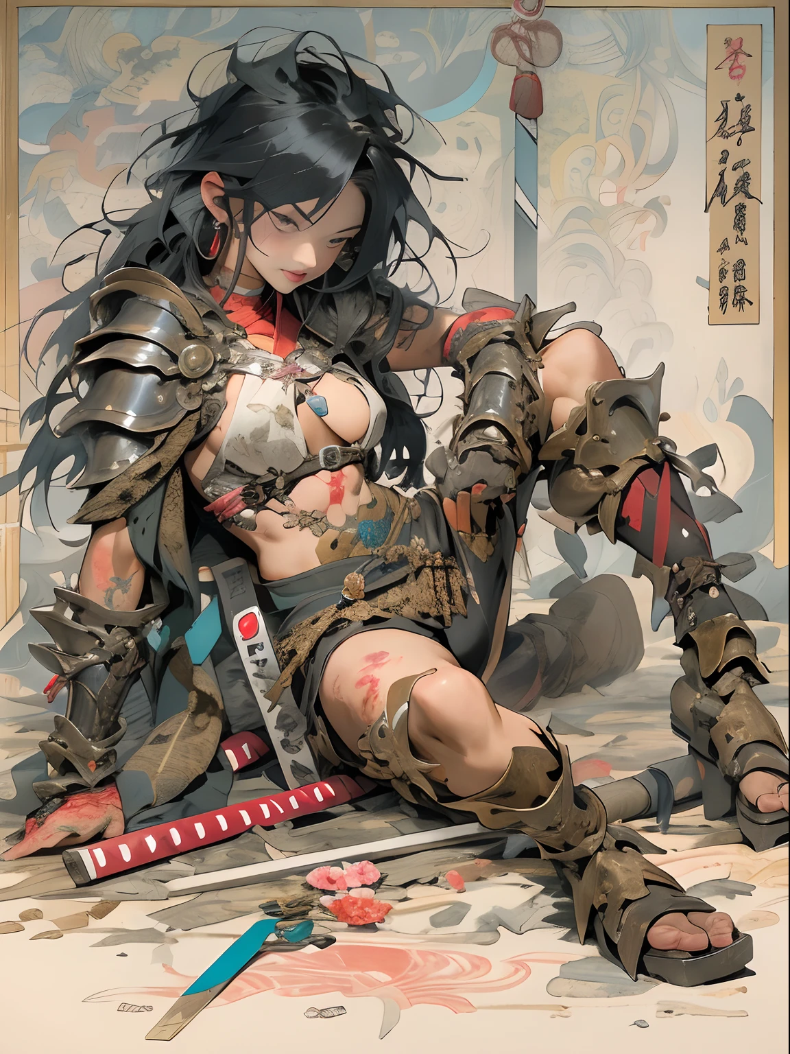 (((woman))), (((best qualityer))), (((tmasterpiece))), (((AS-Adult))), ((( Japanese ))), Look up from your knees, A beautiful asian samurai woman with perfect body, Modern samurai, ((( Asian))), Wear gloves on your hands，The left arm is made of steel and metal tips，Made of protective devices, The eyes are pulled, (( Appears below the ?????? )), (( Small dental floss )), Simon Bisley, ????????????（Simon Bisley）Castle City Wilderness，For high-resolution posters, hair straight, Minimum clothing, armure (Crazy clothes ), Full of tips and rivets, tribal tattoos, (((full bodyesbian))), Straight brunette hair，Colored hair ends