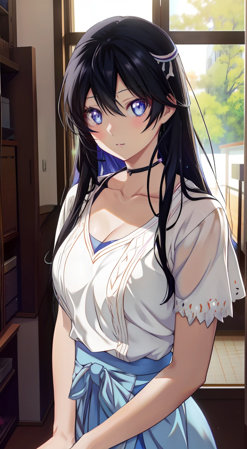 Anime girl with long black hair and blue eyes posing in front of window, Smooth anime CG art, attractive anime girls, seductive anime girls, Beautiful anime girl, anime big breast. Soft lighting, anime moe art style, pretty anime girl, Cute anime girl, Beautiful Anime High School Girls, Photorealistic anime, [ 4 K digital art ]!!, a beautiful anime portrait