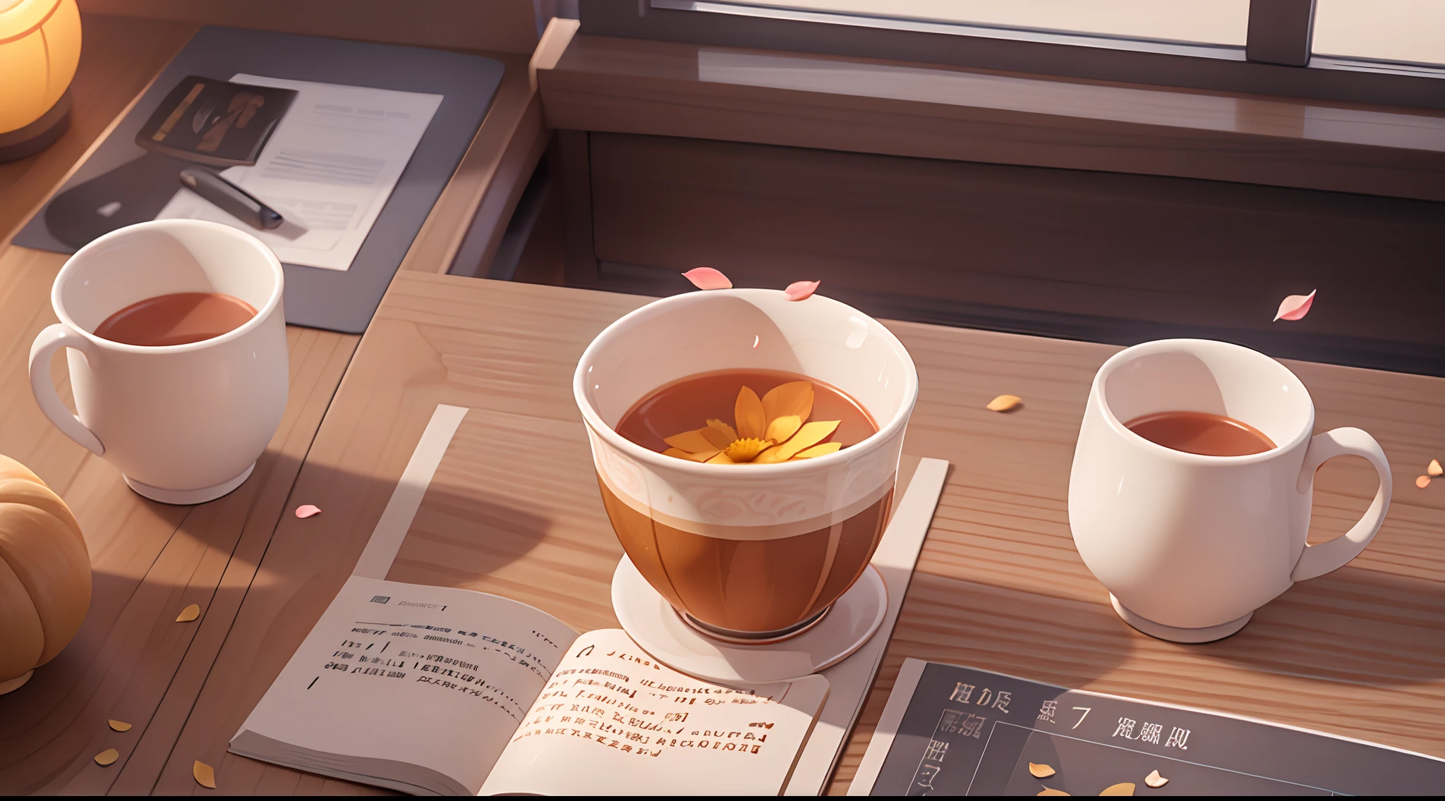 photoRealstic、Sit at your desk and enjoy studying with friends、Opens mouth and laughs、up of face、flower petals、season!!: 夏天☀ 🍂