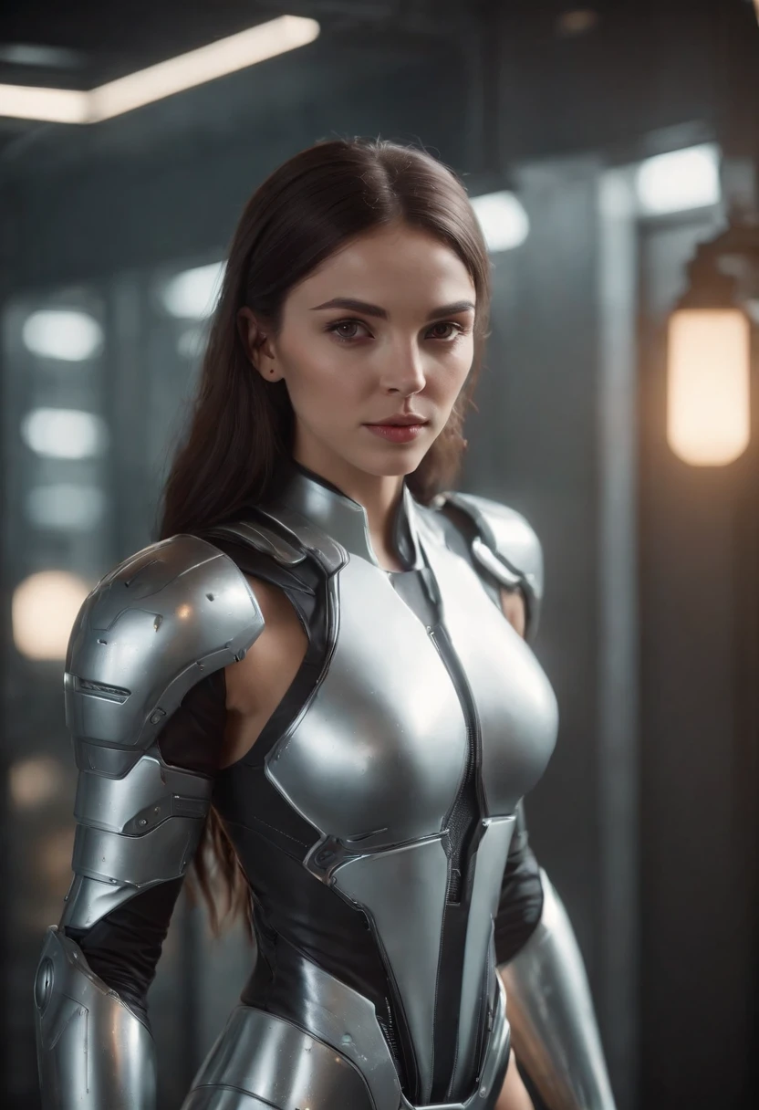a woman in a futuristic Gold suit posing in park, cute cyborg girl, beutiful white girl cyborg, girl in mecha cyber armor with bright led, (perfect body:1.4), (Perfect proportions:1.4), (Long dark viking style Hair:1.4), Big Green Eyes, HDR (High Dynamic Range), Ray Tracing, NVIDIA RTX, Super-Resolution, Unreal 5, Subsurface Scattering, PBR Texturing, Post-Processing, Anisotropic Filtering, Depth-Of-Field ,Maximum Clarity And Sharpness, Multi-Layered Textures, Albedo And Specular Maps, Surface Shading, Accurate Simulation Of Light-Material Interaction, Octane Render, Two-Tone Lighting, Low ISO, White Balance, Rule Of Thirds, Wide Aperture, 8K RAW, Efficient Sub-Pixel, Sub-Pixel Convolution, (Luminescent Particles:1.4), {{Masterpiece, Best Quality, Extremely Detailed CG, Unity 8k Wallpaper, 3D, Cinematic Lighting, Lens Flare}}, (bodysuit:1.2), Cyberpunk 2077,full body profile shot.