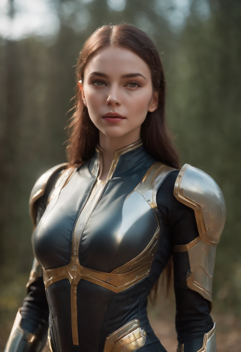 a woman in a futuristic Gold suit posing in park, cute cyborg girl, beutiful white girl cyborg, girl in mecha cyber armor with bright led, (perfect body:1.4), (Perfect proportions:1.4), (Long dark viking style Hair:1.4), Big Green Eyes, HDR (High Dynamic Range), Ray Tracing, NVIDIA RTX, Super-Resolution, Unreal 5, Subsurface Scattering, PBR Texturing, Post-Processing, Anisotropic Filtering, Depth-Of-Field ,Maximum Clarity And Sharpness, Multi-Layered Textures, Albedo And Specular Maps, Surface Shading, Accurate Simulation Of Light-Material Interaction, Octane Render, Two-Tone Lighting, Low ISO, White Balance, Rule Of Thirds, Wide Aperture, 8K RAW, Efficient Sub-Pixel, Sub-Pixel Convolution, (Luminescent Particles:1.4), {{Masterpiece, Best Quality, Extremely Detailed CG, Unity 8k Wallpaper, 3D, Cinematic Lighting, Lens Flare}}, (bodysuit:1.2), Cyberpunk 2077,full body profile shot.