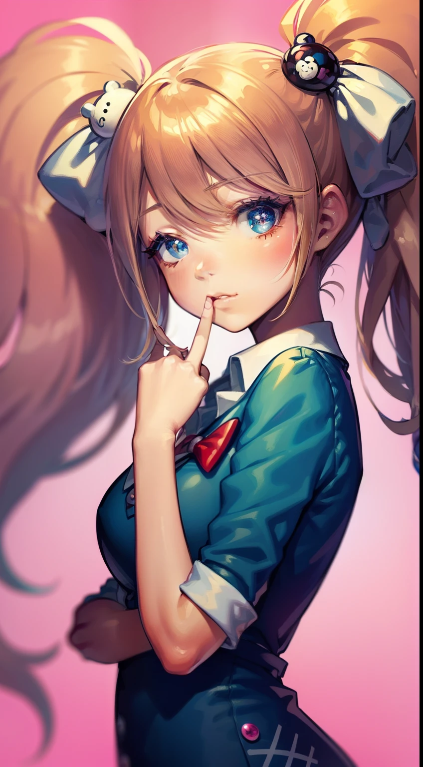 perfect-composition、Perfect pictorial composition、Cartoon girl with long hair、cartoon artstyle、Cartoon Cute Girl、Chibi Girl、Chibi、cute cartoon style、Cute art style、Cartoon style、Cartoon style illustration、Digital art of cartoons、Cute digital art、Cute anime girl、Chibi、estilo chibi、Kawaii Girl、an anime drawing、pop-art、Cartoon style illustration、3Equivalent、Head large、kawaii eyes、Glitter eyes、Sparkling eyes、kawaii faces、Innocent face、smooth hair、a blond、pink hair、Pink ribbon、Girl in polka dot dress, cute kawaii girl, Cute anime girl, The upper part of the body、oblique、Pink background、tchibi、Has a small、Mini、Chibi、Hair is grated、Hair does not tie、Wearing a red ribbon in her hair