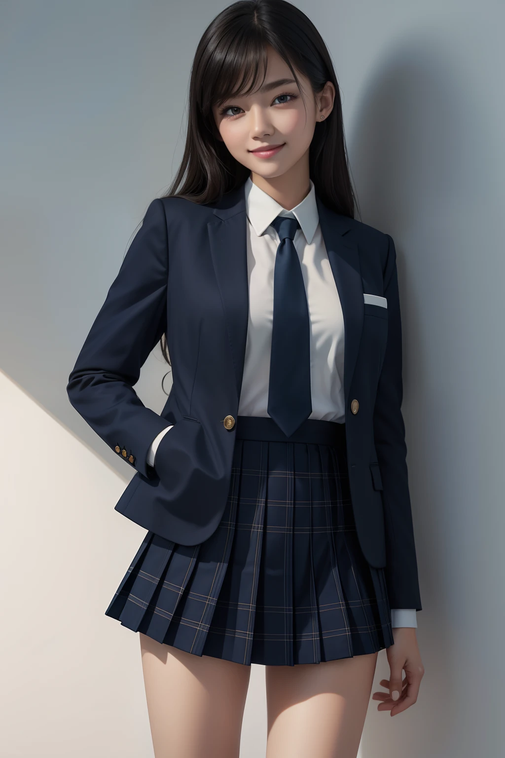 (white space), (background is all white), (Formal jacket is dark blue), Theme color is dark navy, masterpiece, Super Detail, High quality, awardwinning, 8K, (girl), Solo, Smiling, High School Uniform, White shirt, Short tie, Short pleated skirt is plaid, Socks are dark navy, Full body shot, Detailed fingers, romantic, bright light, lighting on the face
