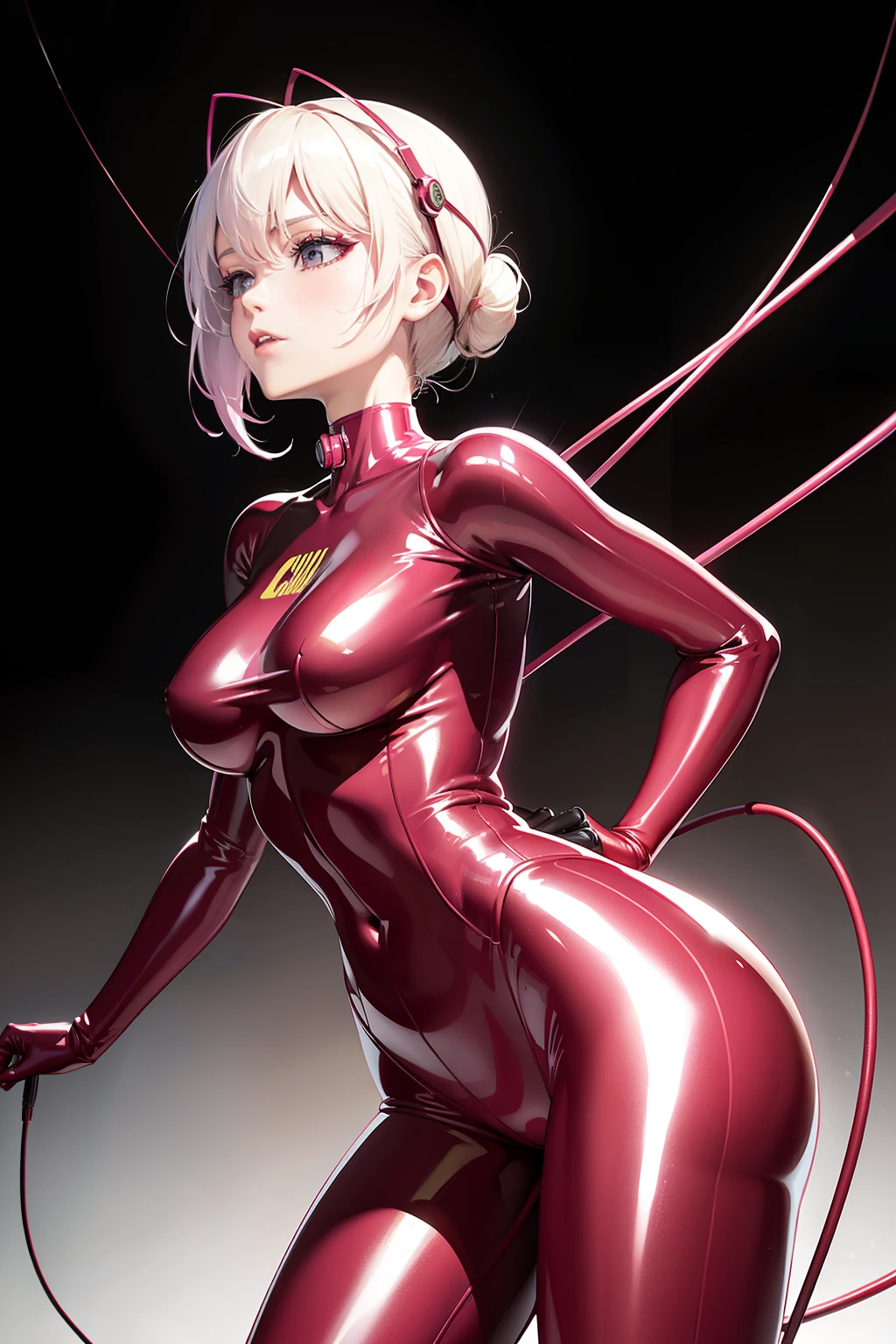 (((masterpiece))), (((best quality))), ((ultra-detailed)), (CG illustration), ((an extremely delicate and beautiful)),cinematic light,((1mechanical girl) ),solo,(cowboy shot:1.2),(machine made joints:1.2),((Mechanical limb)),(Blood vessel attached to tube),(The mechanical vertebrae are attached to the back),((The mechanical cervical vertebrae are attached to the neck) ),expressiveless,(Wires and cables around the neck:1.2),(Wires and cables on the head:1.2),(Character focus),sci-fy,Extremely fine,a color,Thinnest,drak,Phoenix,Background with,depth of fields,(RAW photo:1.2),Pink latex jumpsuit,Hollow-out on,Holt collar, latex shiny,tight-fitting,sweat leggs,White liquid, Pink body, wearing atsuko kudo latex outfit, wearing tight suit, Smooth pink skin, catsuits, Wearing latex, shiny plastic, shiny metallic glossy skin, The color of pink glow, latex outfit, chrome bodysuit, cyberpunk glossy latex suit, Shiny, futuristic glossy latex suit spread their legs M-shaped legs angry look sullenness Irritated,white liquid all over body,