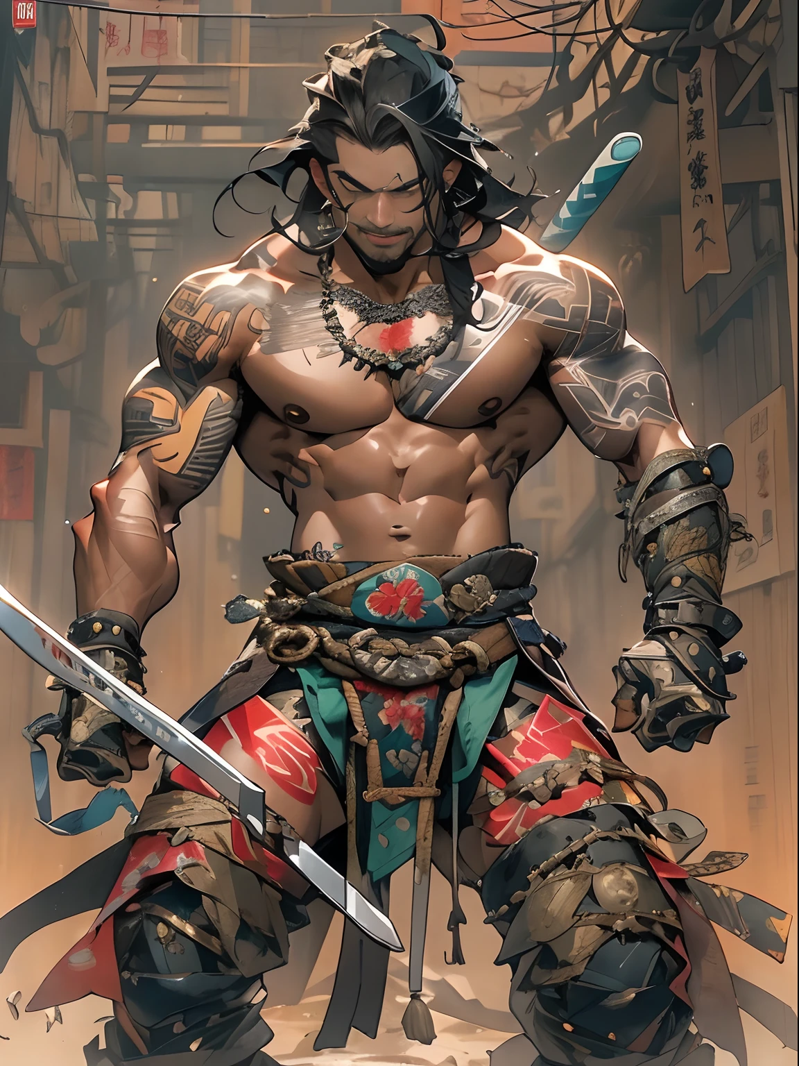 (((mtu))), (((best qualityer))), (((tmasterpiece))), (((AS-Adult))), ((( Japanese ))), Look up from your knees, Handsome Asian samurai,perfect body figure, Modern samurai, ((( Asian))), Wear gloves on your hands,The left arm is made of steel and metal tips,Made of protective devices, The eyes are pulled, (( Appears below the chest )), (( Small dental floss )), Simon Bisley, Almost naked(Simon Bisley)Castle City Wilderness,For high-resolution posters, hair straight, Minimum clothing, armure (Crazy clothes ), Full of tips and rivets, tribal tattoos, (((full bodyesbian))), Straight brunette hair,Colored hair ends