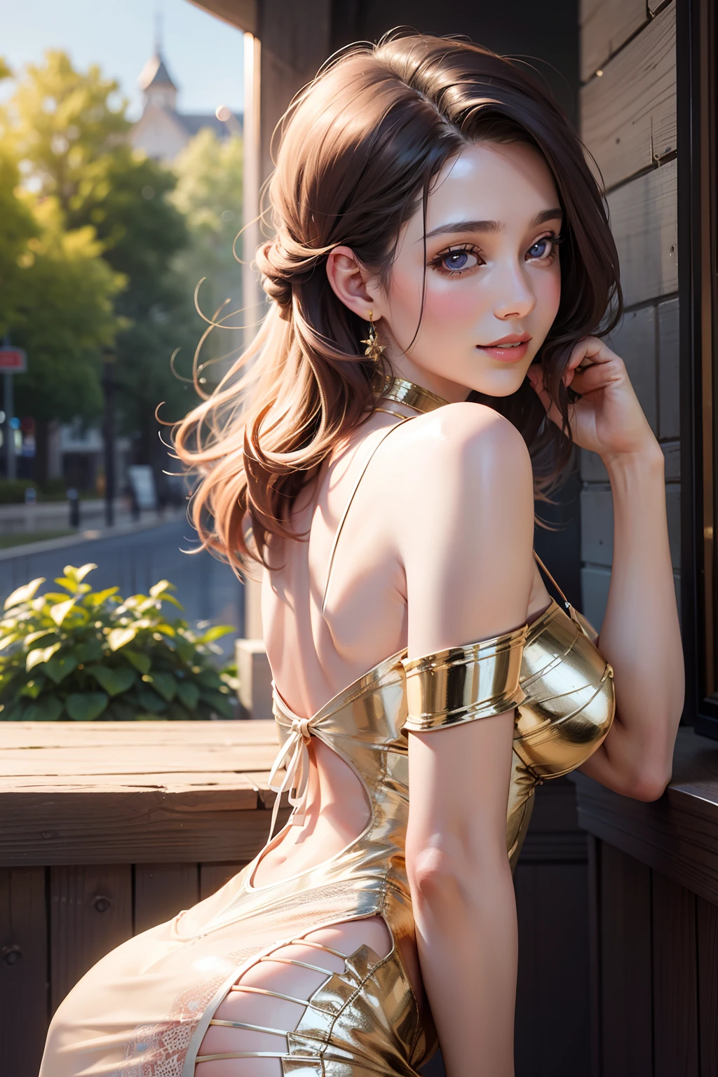 (masterpiece), (best quality), 8k resolution, 1girl, stunning beauty, perfect face, smile, mature female, 20yo, sexy, dress, bare shoulder