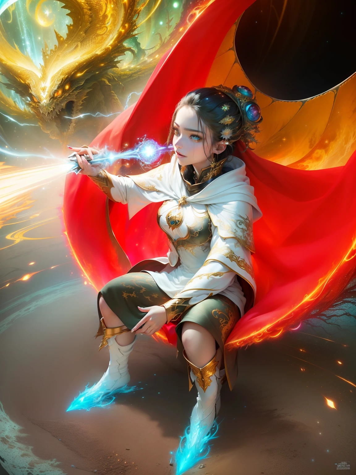 (masterpiece, top quality, best quality, official art, beautiful and aesthetic:1.2), (1girl), extreme detailed eyes, (fractal art:1.3), colorful, highest detailed, (perfect face), shiny skin, HDR, (white cloak golden lines:1.2), galaxy, (light streaks), striking visuals, (dynamic streaks, luminous trails:1.2), vibrant colors, (phoenix), (dragon)